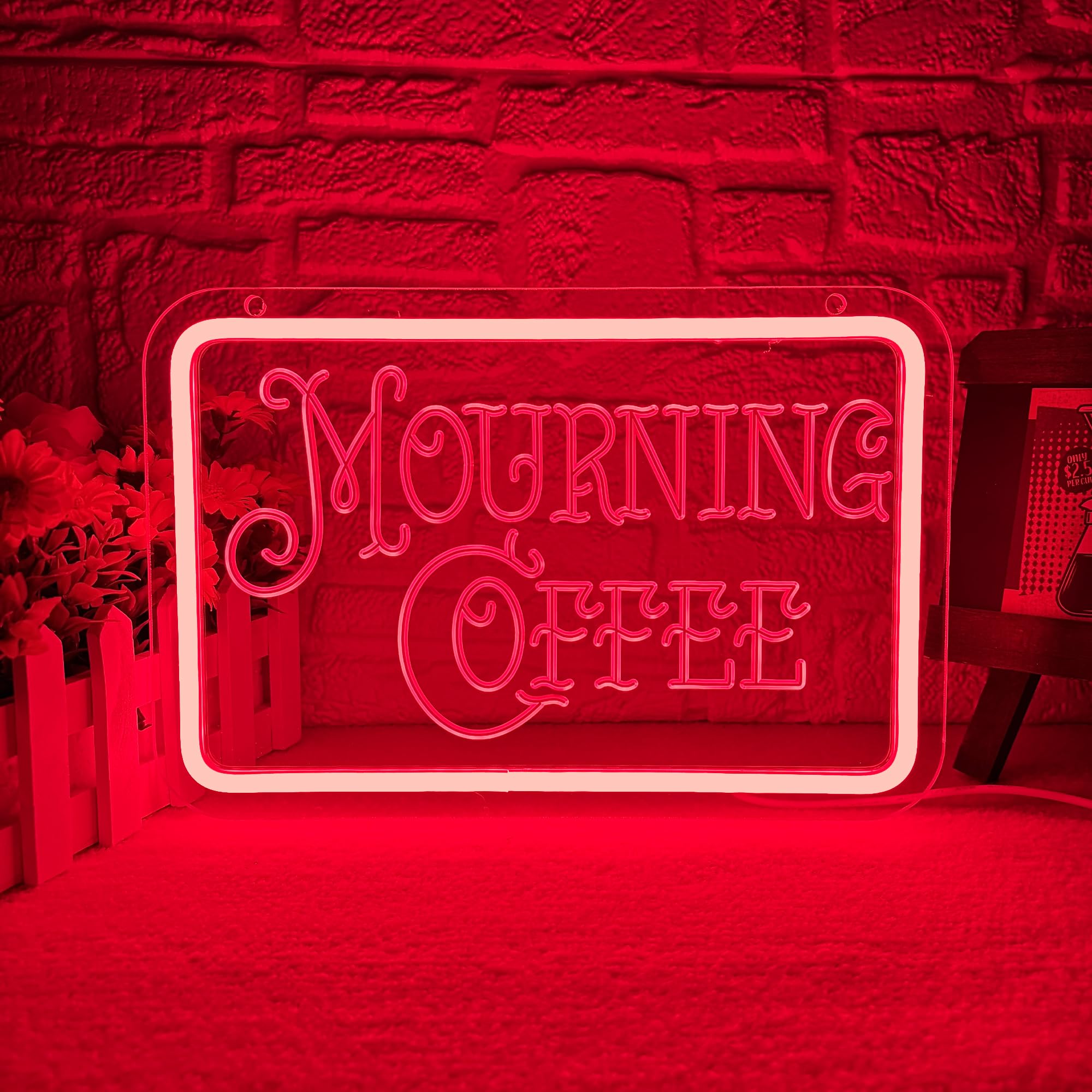 Symone Mourning Coffee Neon Sign, USB Powered Dimmable LED Light, 11.8x7.8 In, Red+White, Halloween Decor for Cafe & Home
