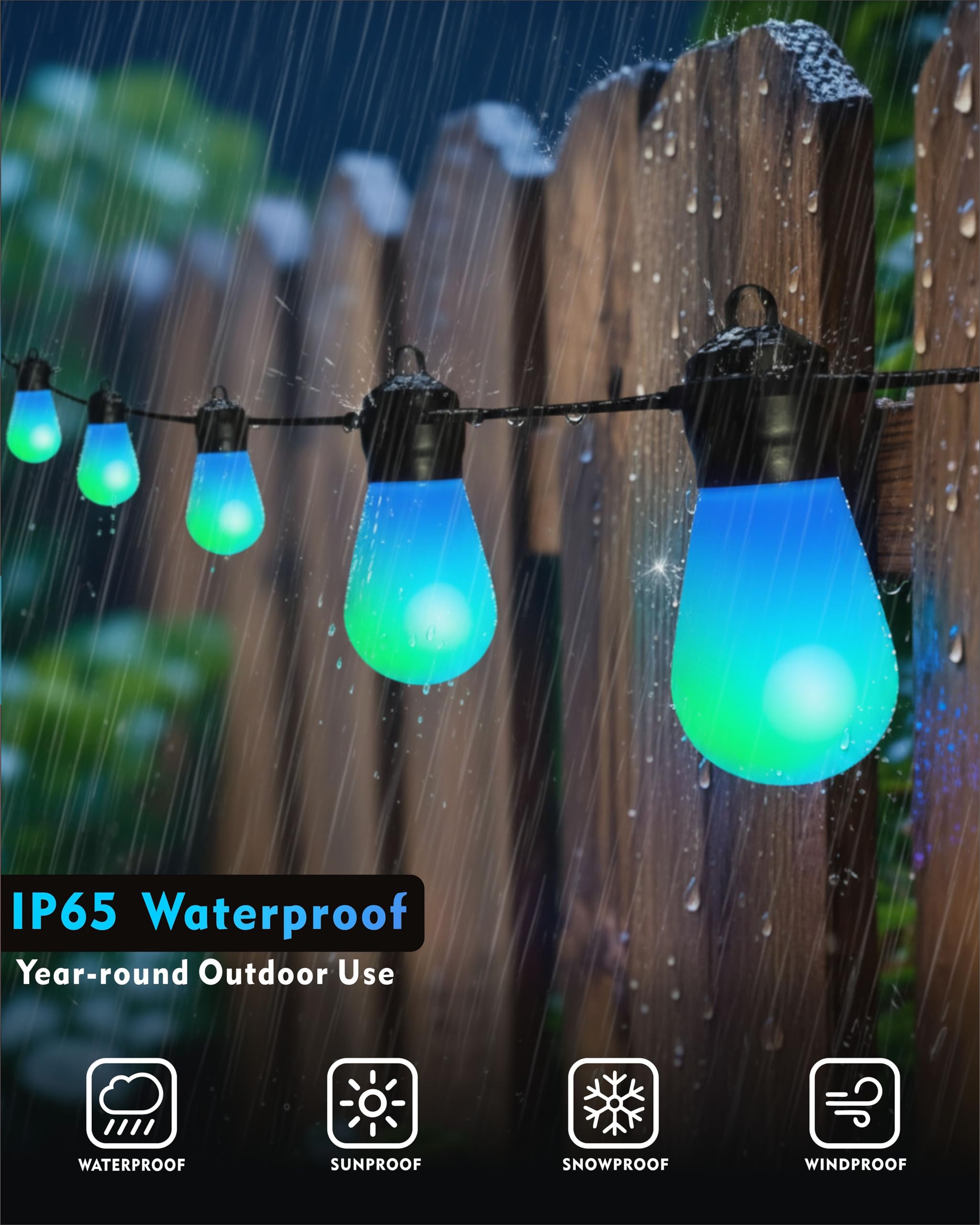 Honche Outdoor String Lights S14, 46FT, 20 Shatterproof LED Bulbs, Multicolor, USB Powered, IP67 Waterproof