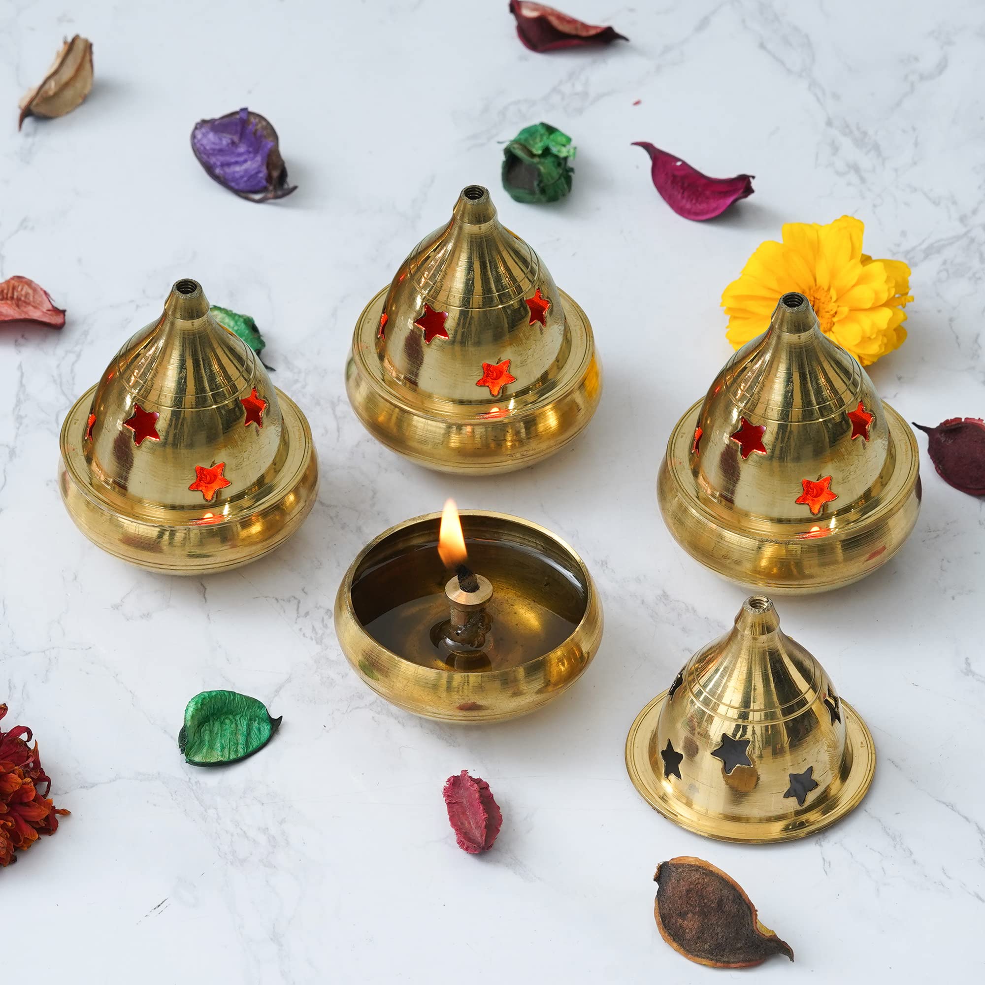 Fashion Bizz Brass Akhand Diya Magical Lantern Brass Diya Decorative Brass Crystal Oil Lamp Lantern Puja Lamp Brass Table Diya S