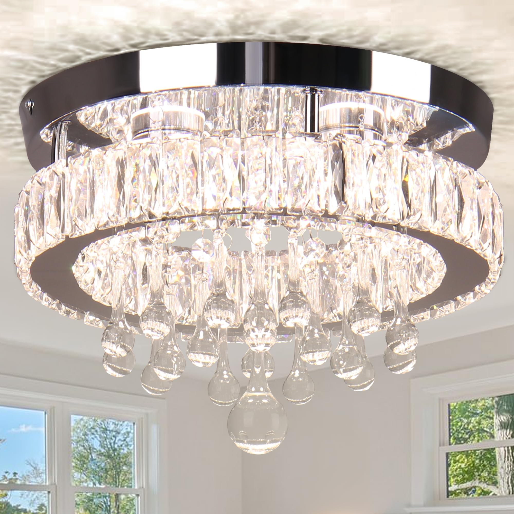 Ypqxyhda Led Crystal Raindrop Ceiling Light,11.8'' Flush Mount Chandelier Light Fixture,Modern Led Chandelier For Kitchen Bedroo