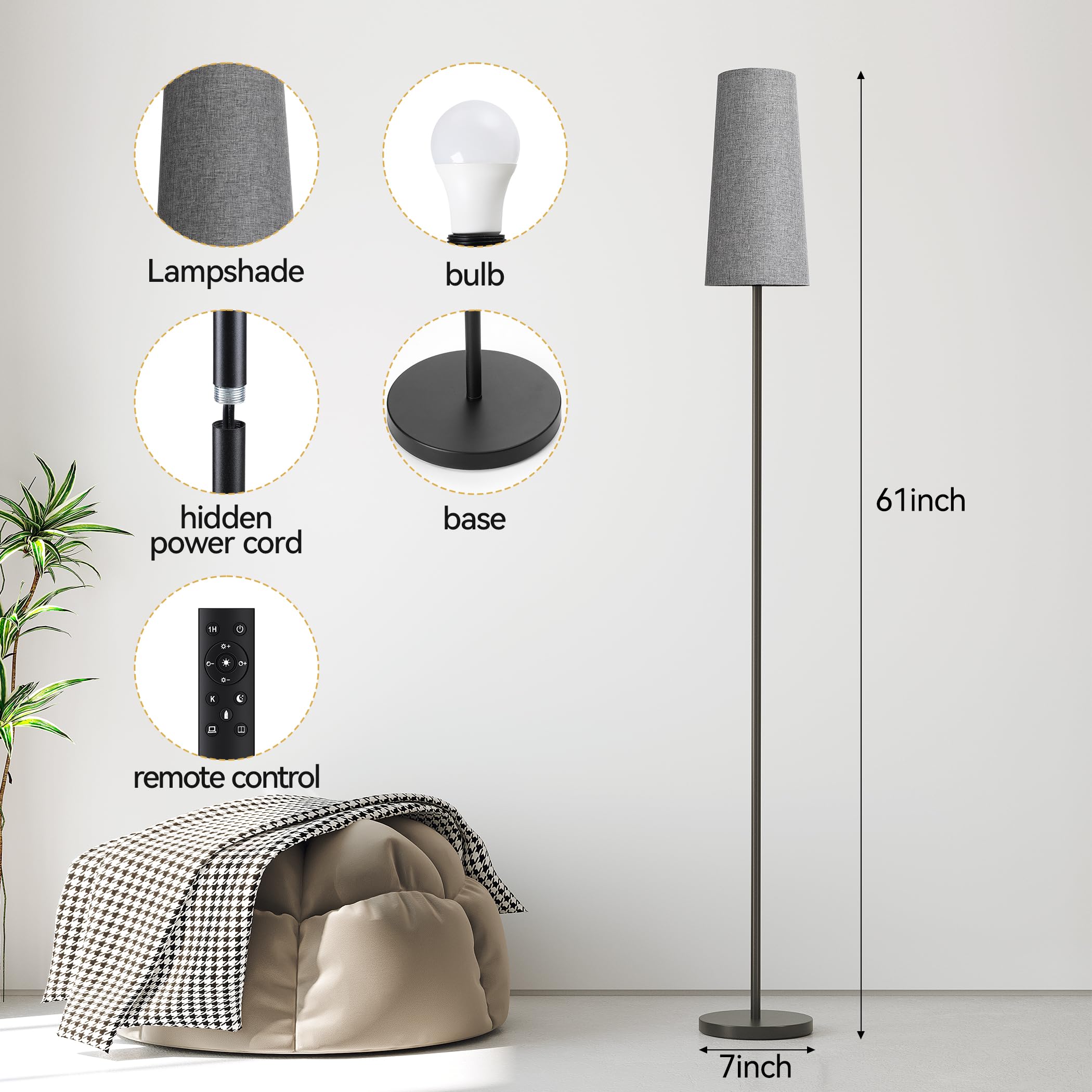 SUNMORY Floor Lamp with Remote Control, Dimmable Tall Iron Lamp, Gray Lampshade, Modern/Boho/Farmhouse Style for Living Room/Bedroom