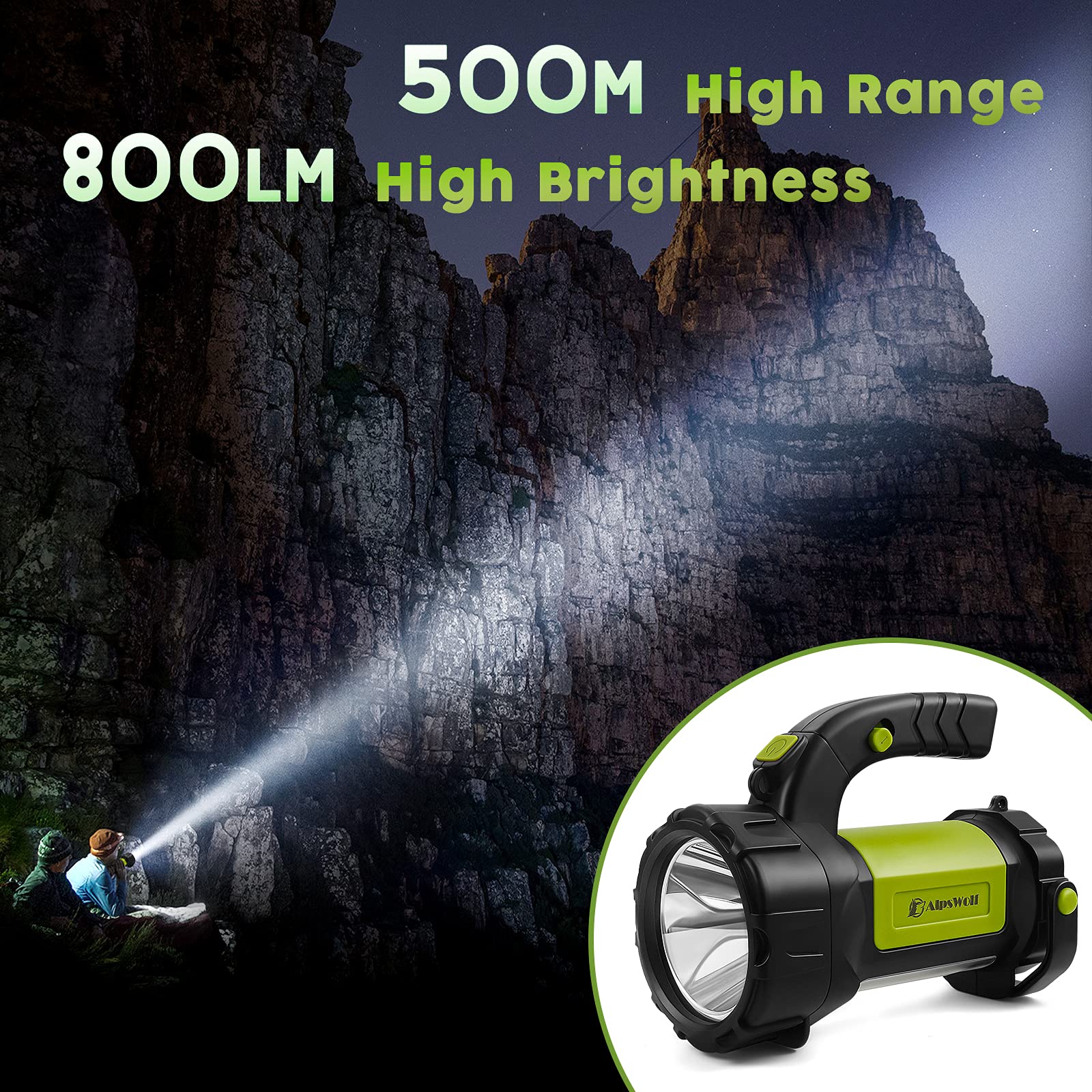 AlpsWolf Rechargeable Camping Lantern - 800LM LED Flashlight, 3600mAh Battery, Portable Green Light for Outdoor & Emergency Use