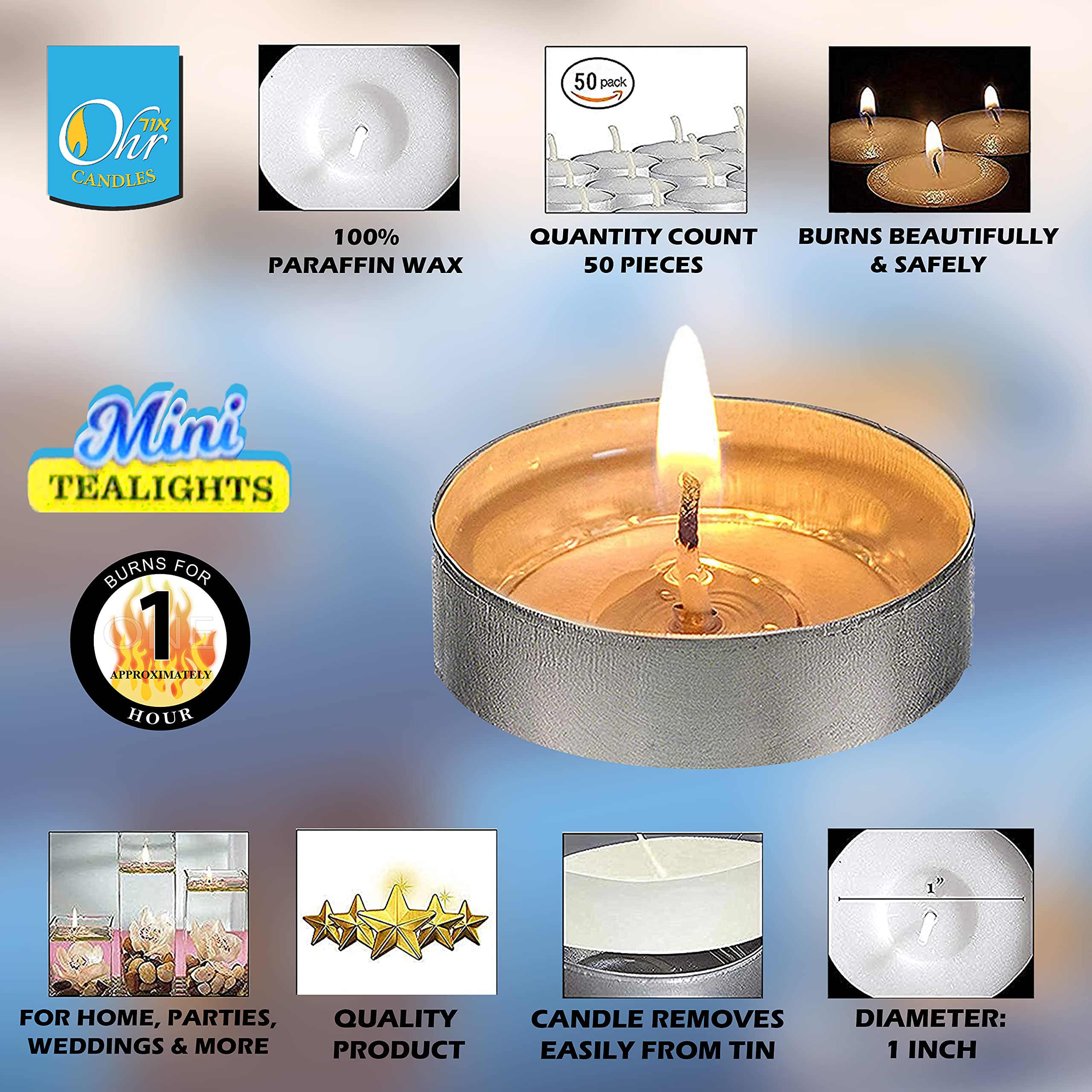 Ohr Candles Mini Tealight Candles - 50 Pack Bulk Tea Lights Candles - White Tealights Unscented - 1 Hour Burn Time