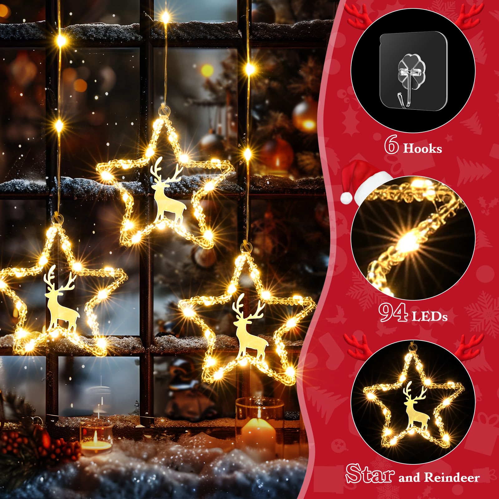 Marchpower Star Curtain Lights, 5 Stars 94 Led Window Curtain String Lights Plug In Christmas Reindeer Star Decoration With 8 Flash Modes Decoration For Indoor, Outdoor Home Holiday,Warm White