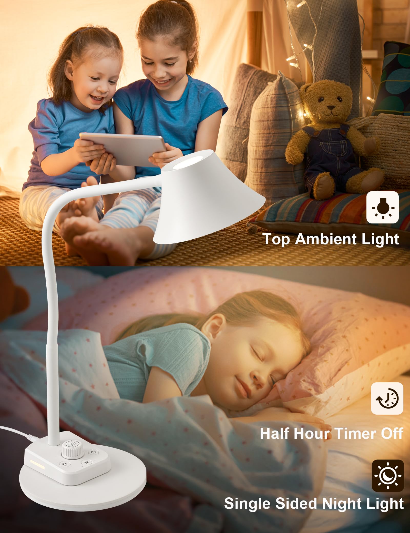 BOHON LED Desk Lamp, Fully Dimmable, USB A & C Charging, 5 Colors, Auto Timer, Model BH-DL24W-LBD, White