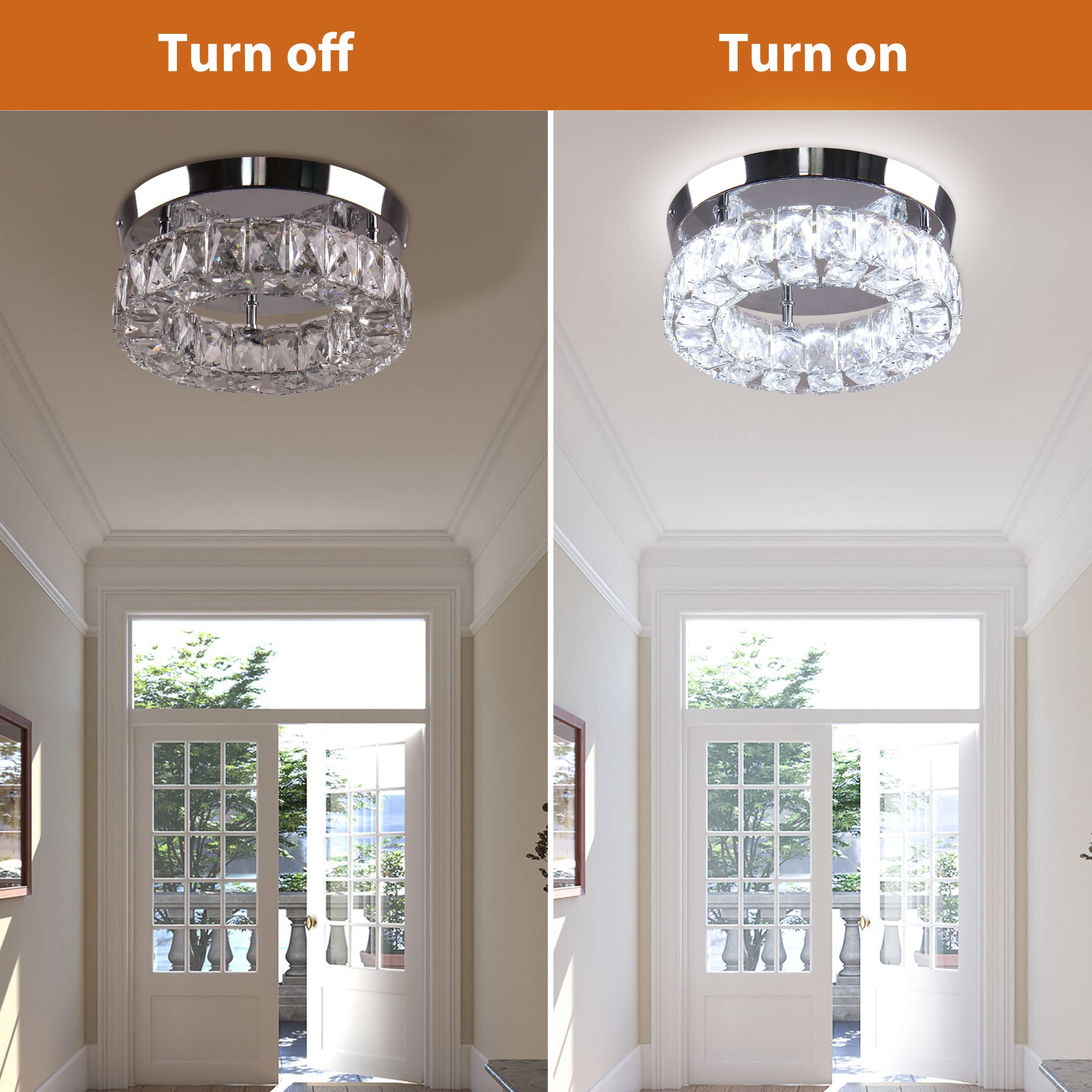 Ypqxyhda 9.8" Crystal Flush Mount Ceiling Light Fixtures Led Round Mini Chandelier Light Fixture Ceiling Lamp For Kitchen Hallway Foyer 15 W 6000K