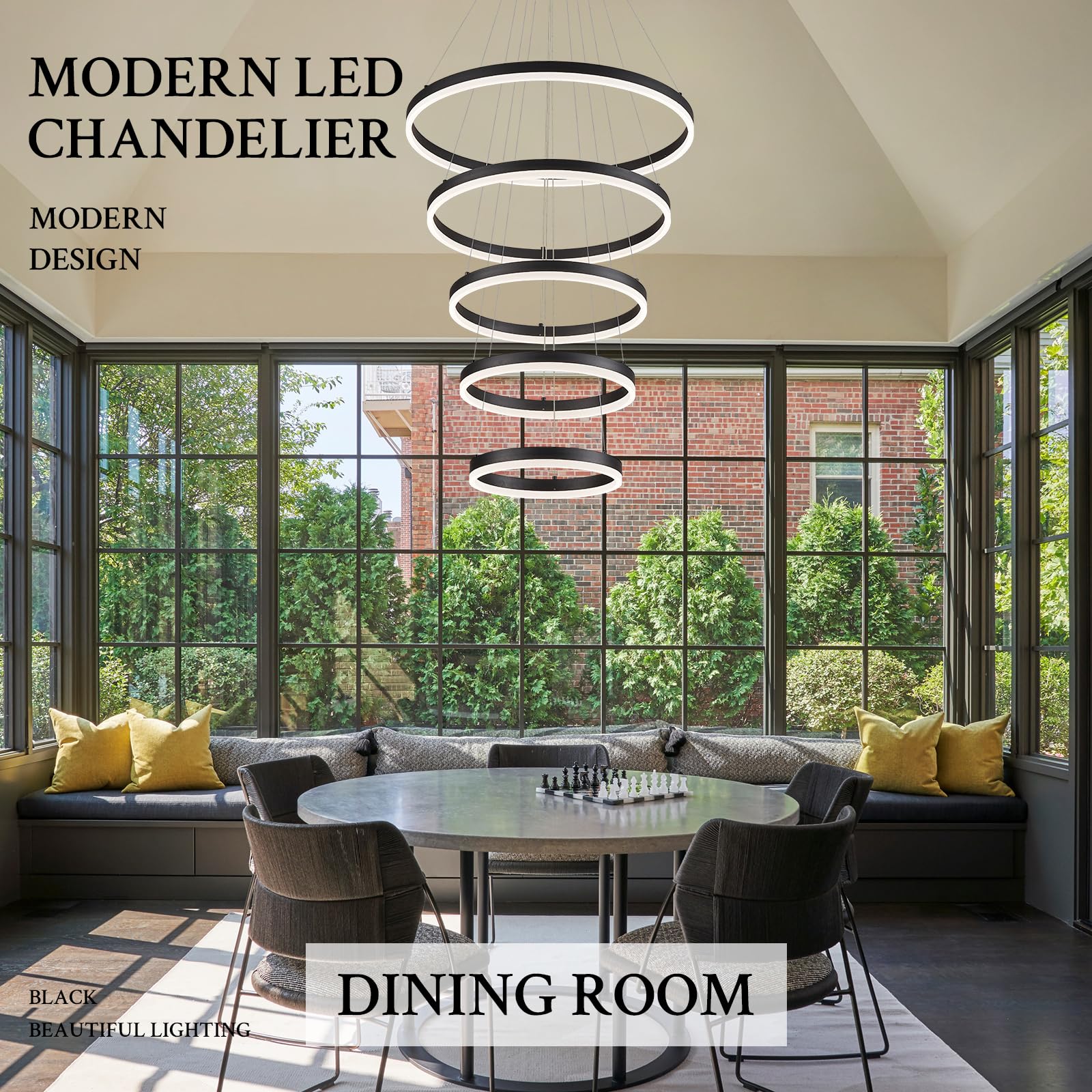 Sparklelf Modern LED Chandelier, Dimmable Black 5-Rings 23.6in, Remote Control, Model SE-P60S-5BDC1, for Foyer, Dining Room