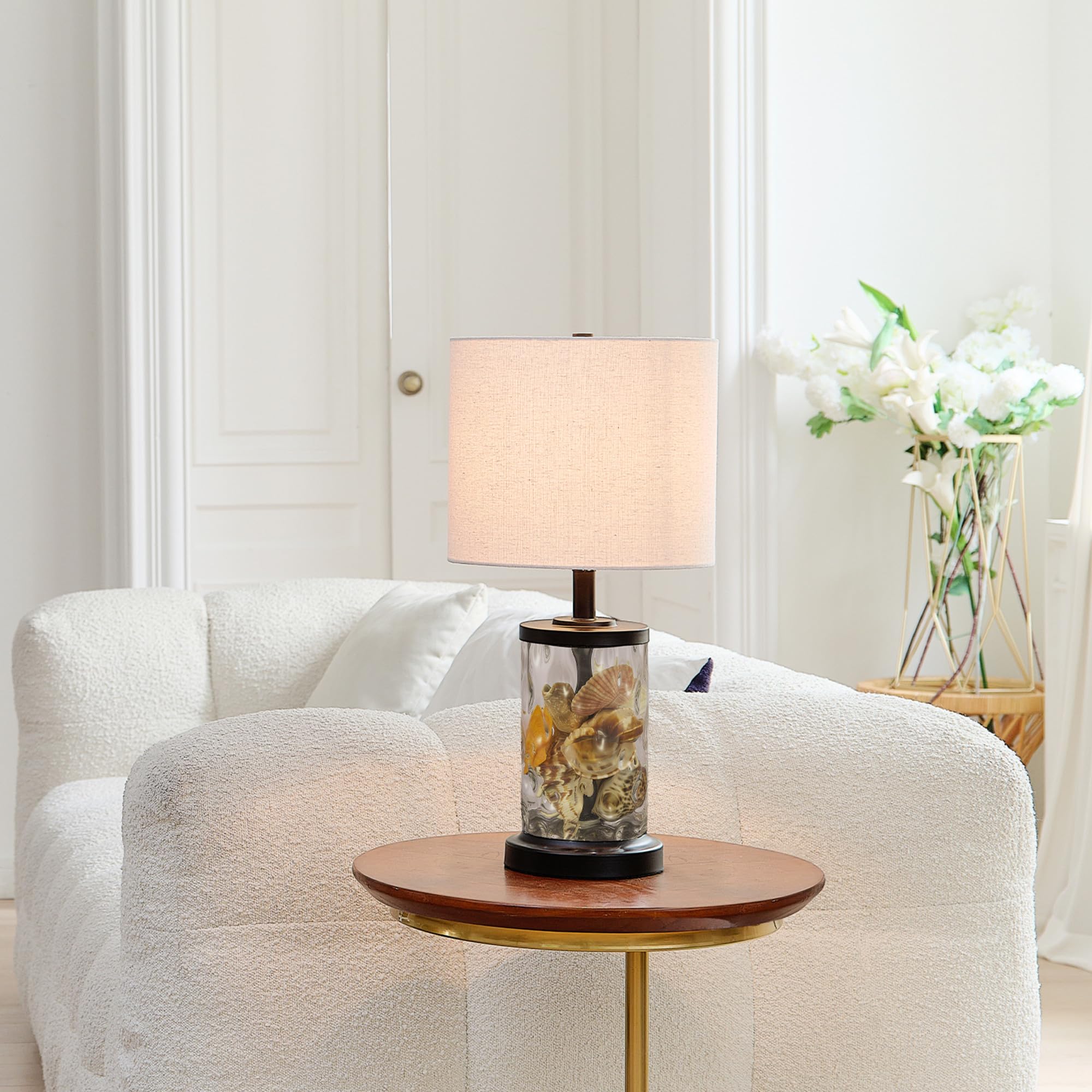 Globe Electric 61000044 20'' Fillable Watered Glass Table Lamp, Oil-Rubbed Bronze Base, Beige Linen Shade, Black Cord, On/Off Ro