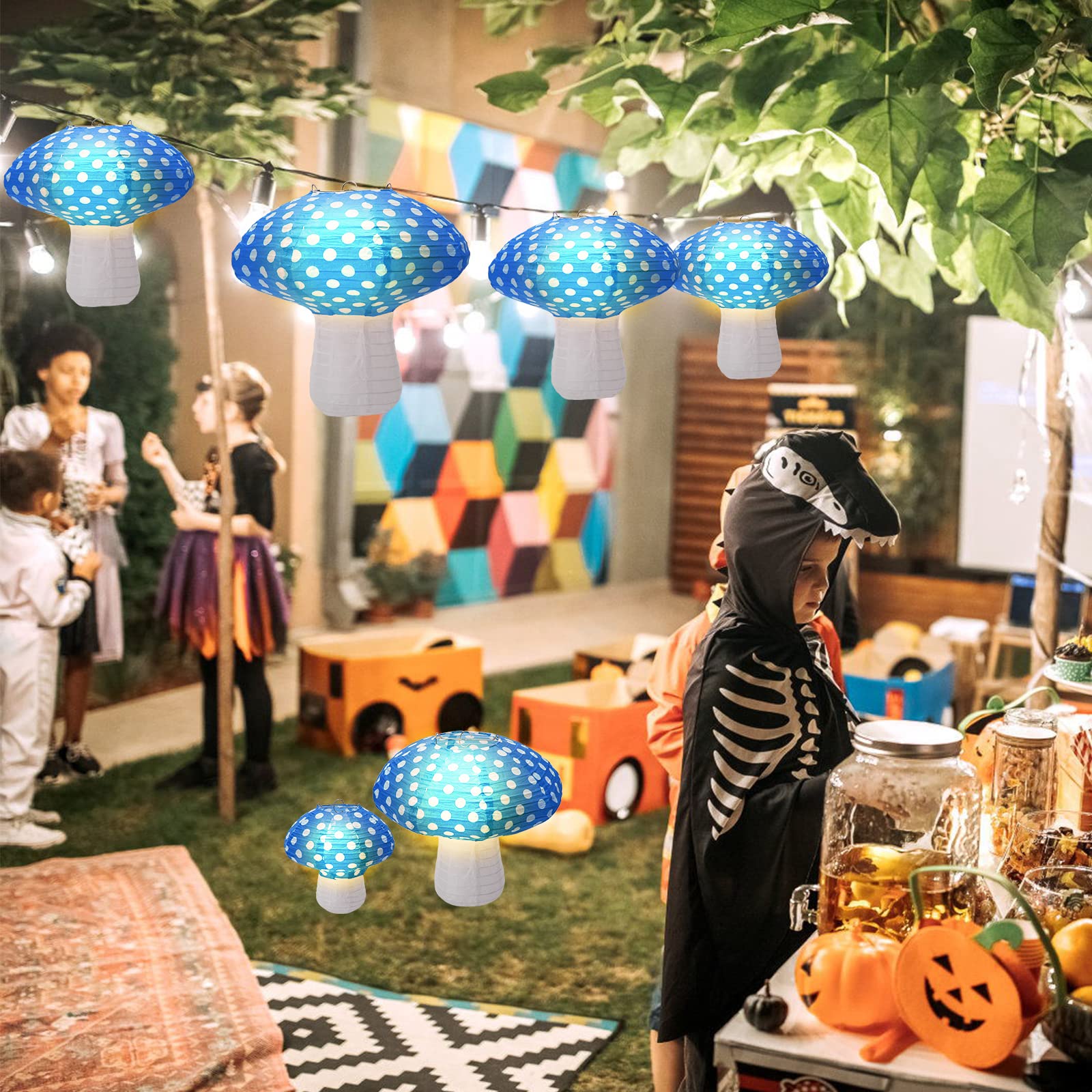 Windspeed Mushroom Shaped Paper Lanterns, 8 inch & 12 inch, Blue, Set of 4 for Nursery Garden Christmas Party Decoration