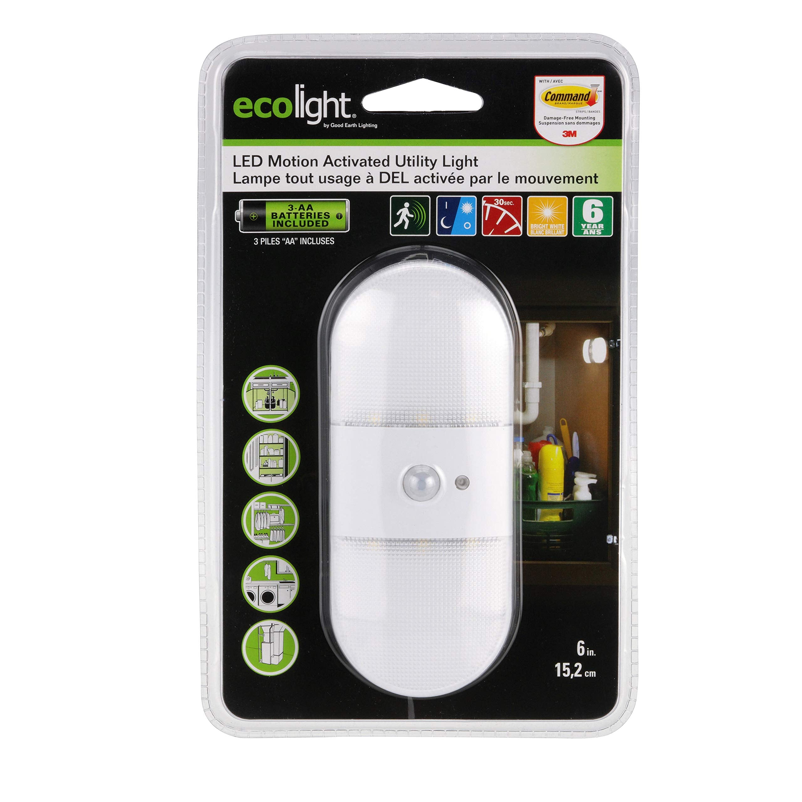 Good Earth Lighting Ecolight Battery-Operated LED Motion Utility Light, 6-Inch, 30,000 Hours, White, Model BO1065-WHG-06LF6-E