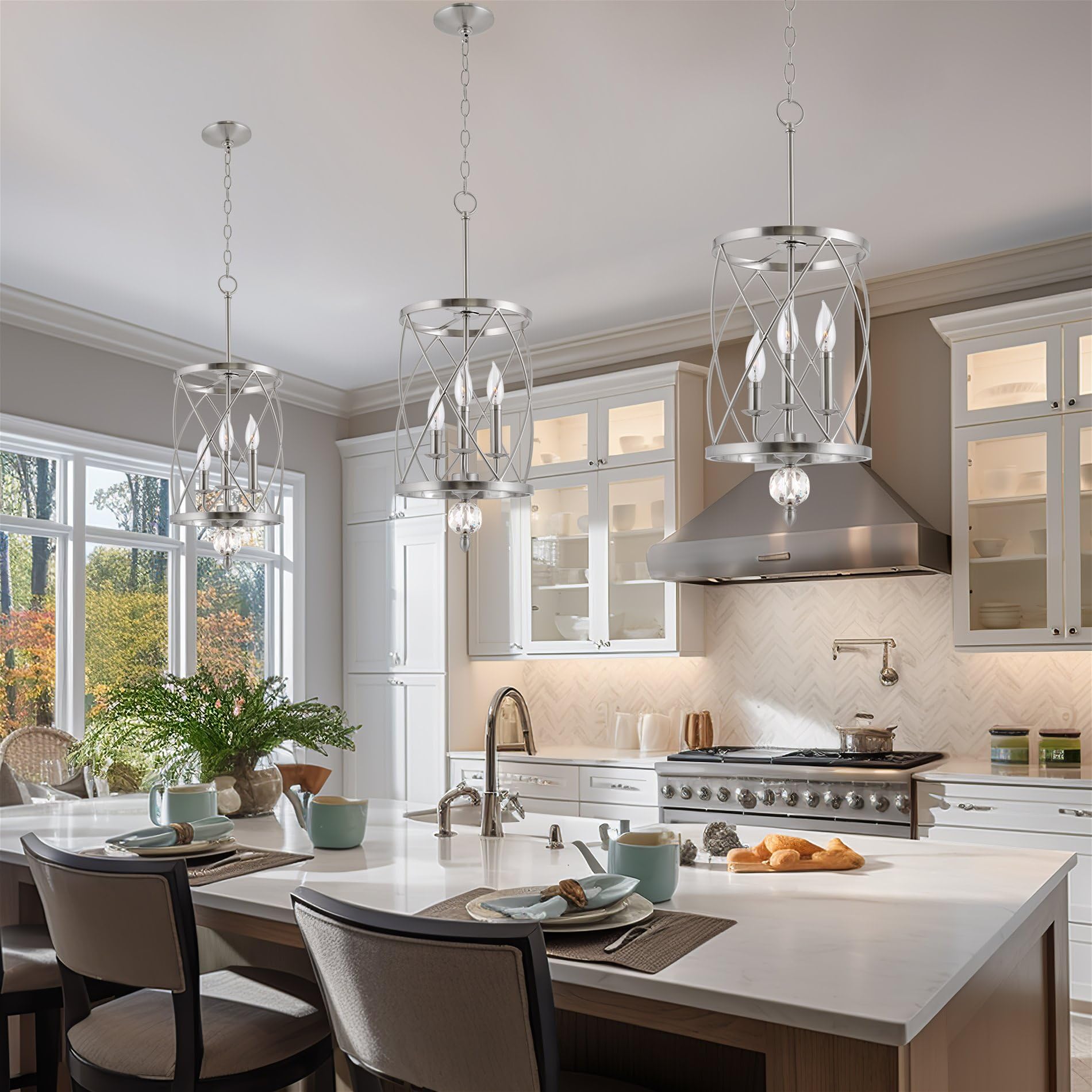 Kira Home Eleanor 26.5'' 3-Light Modern Foyer Light Pendant Chandelier, Cylinder Metal Shade, Adjustable Height, Brushed Nickel