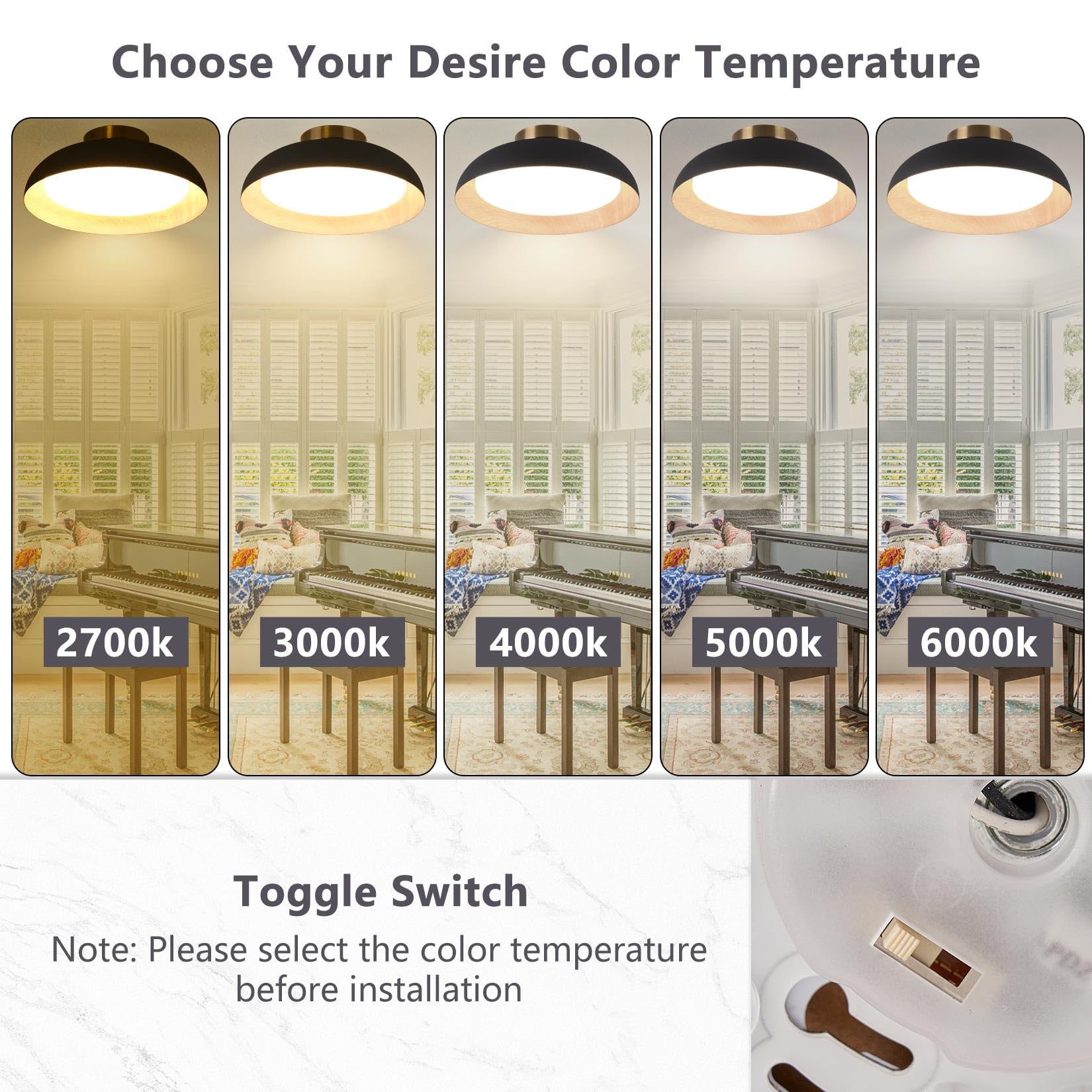 Bargeni Flush Mount Ceiling Light,12.5 Inch Led Ceiling Light Fixture,5Cct Dimmable/2700K-6000K/20W, Matte Black With Wood Accen