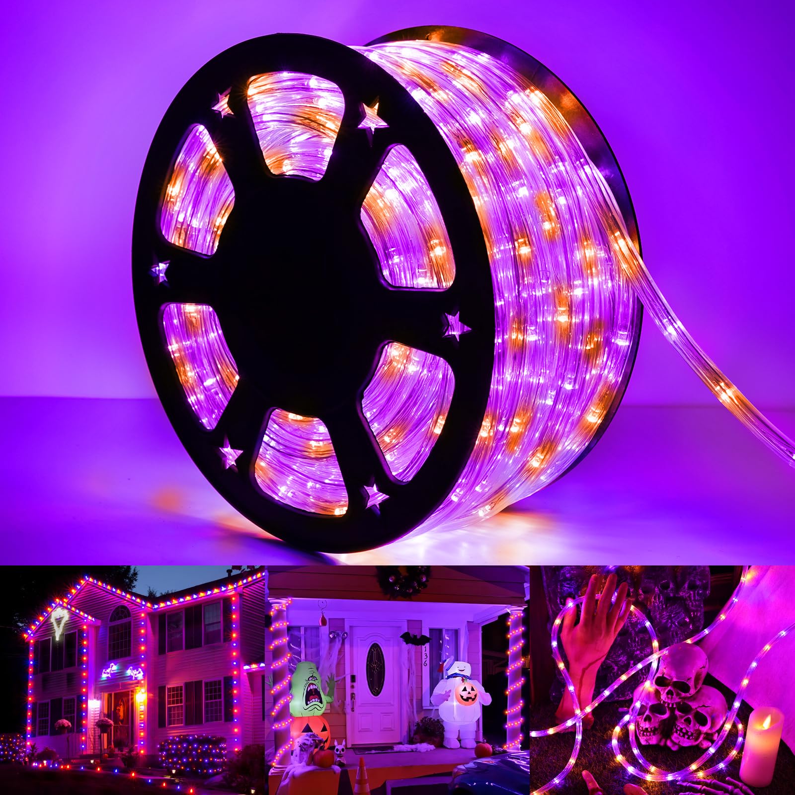 Jnaurb 100ft LED Rope Lights Outdoor, Waterproof, 720 LEDs, 8 Modes, Orange & Purple