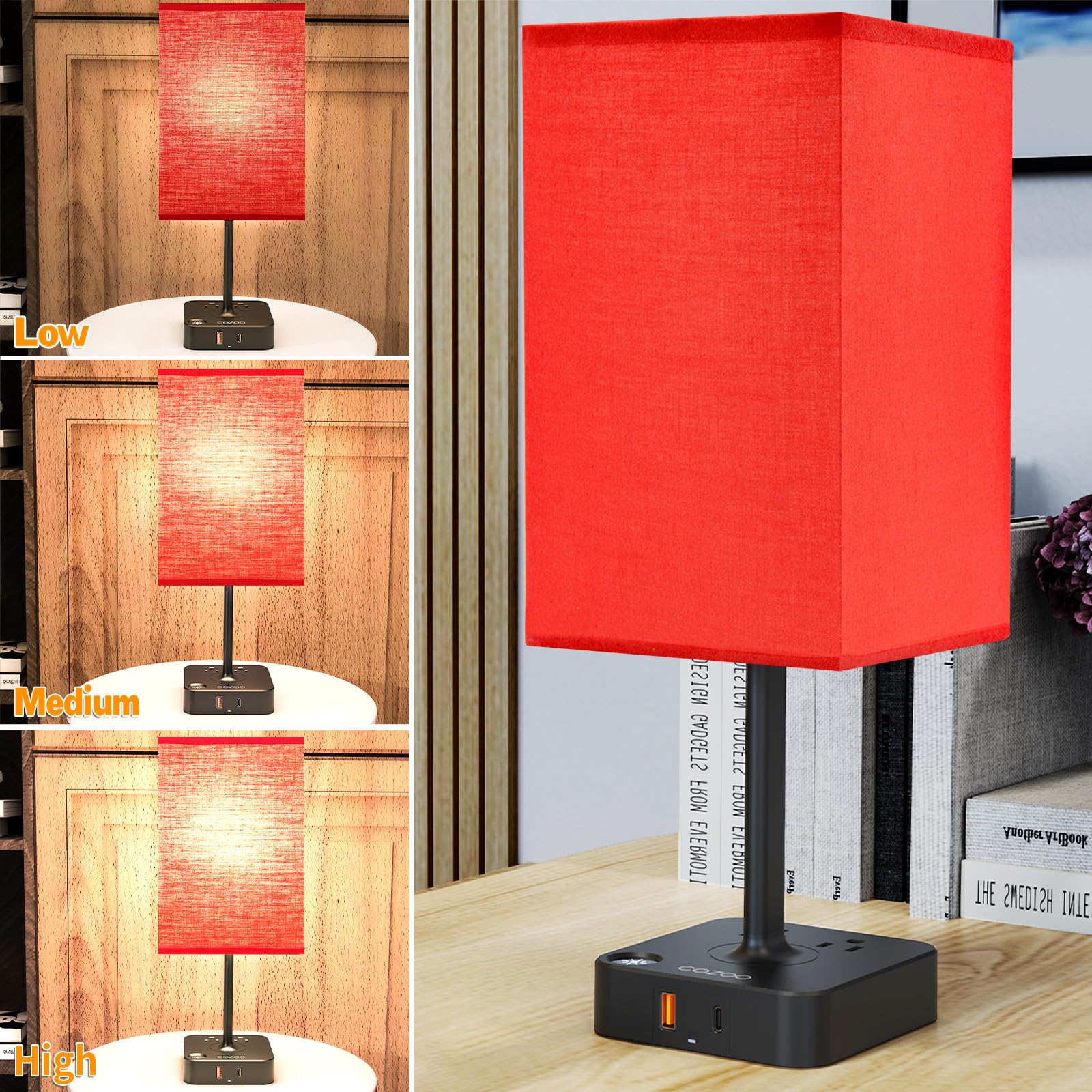 Cozoo Usb Bedside Table Desk Lamp With 2 Usb Charging Ports And 2 Outlets Power Strip,Dimmable Table Lamp With Red Fabric Shade,