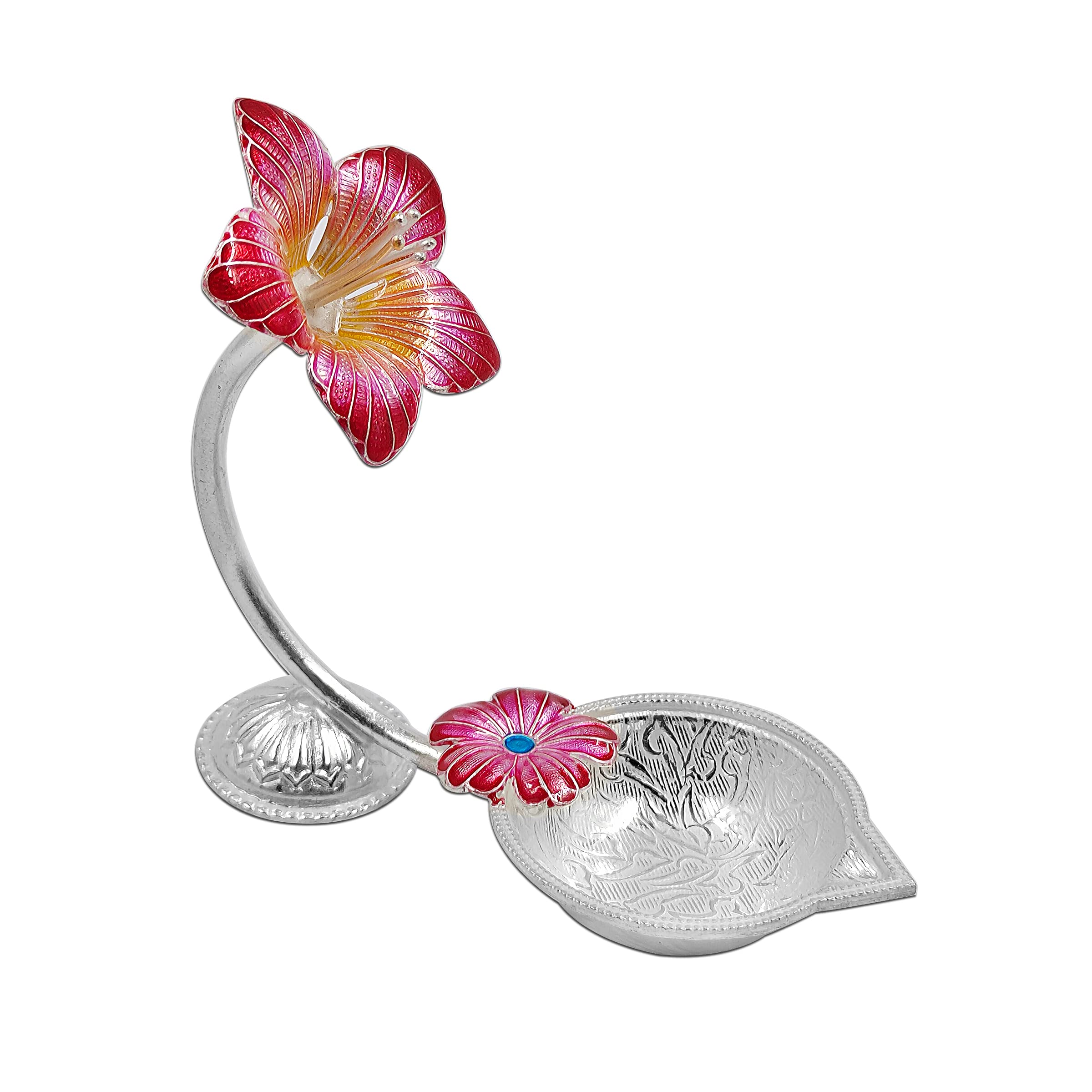 MAA SILVER Pure Silver Diya/Lamp/Deepak with Red Hibiscus/Jaswanti Flower Design Perfect for Gift and Pooja Use (65 Purity)(35 G