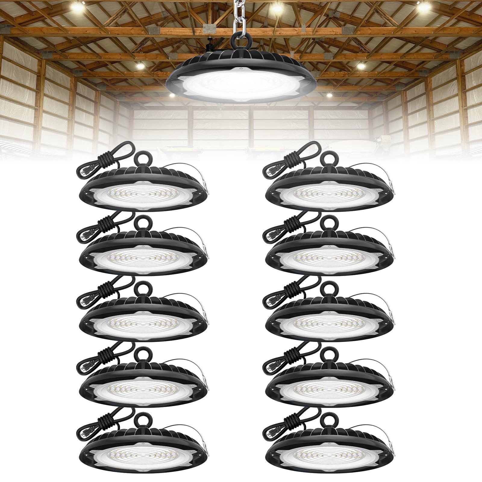 HYPERLITE UFO LED High Bay Light: 150W 19500LM High Bay LED Shop Lights with 6ft Plug - 6000K IP65 LED Warehouse Lights for Workshop Stadium Garage Lighting 10-Pack