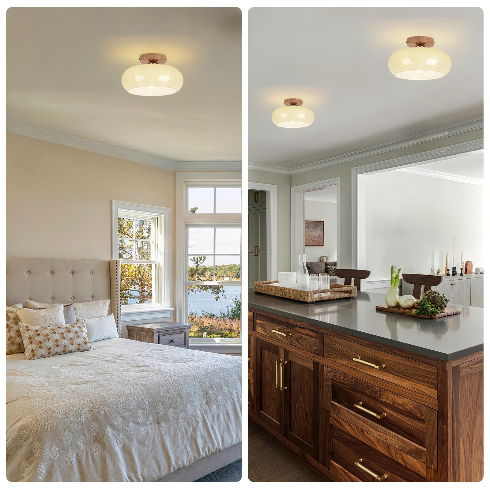 Clarsyne Mid Century Modern Schoolhouse Semi Flush Mount Ceiling Light  Cream Glass Lamp With Wood Grain Metal Base  Rustic Farmhouse Lighting Fixture For Bedroom  Hallway  Dining  Living  Entryway