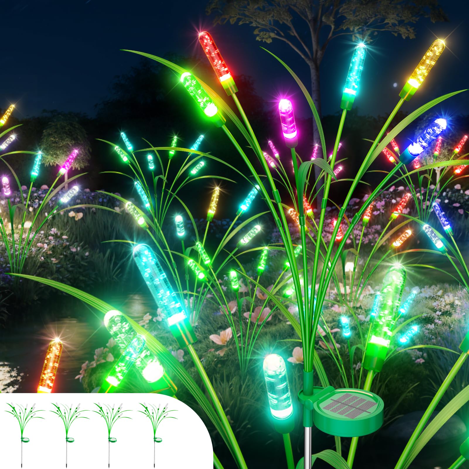 TopVelo Solar Garden Lights - 4 Pack, 24 LED, 30 Inches, Waterproof, Multicolor, Multi-Colored Reeds Garden Light