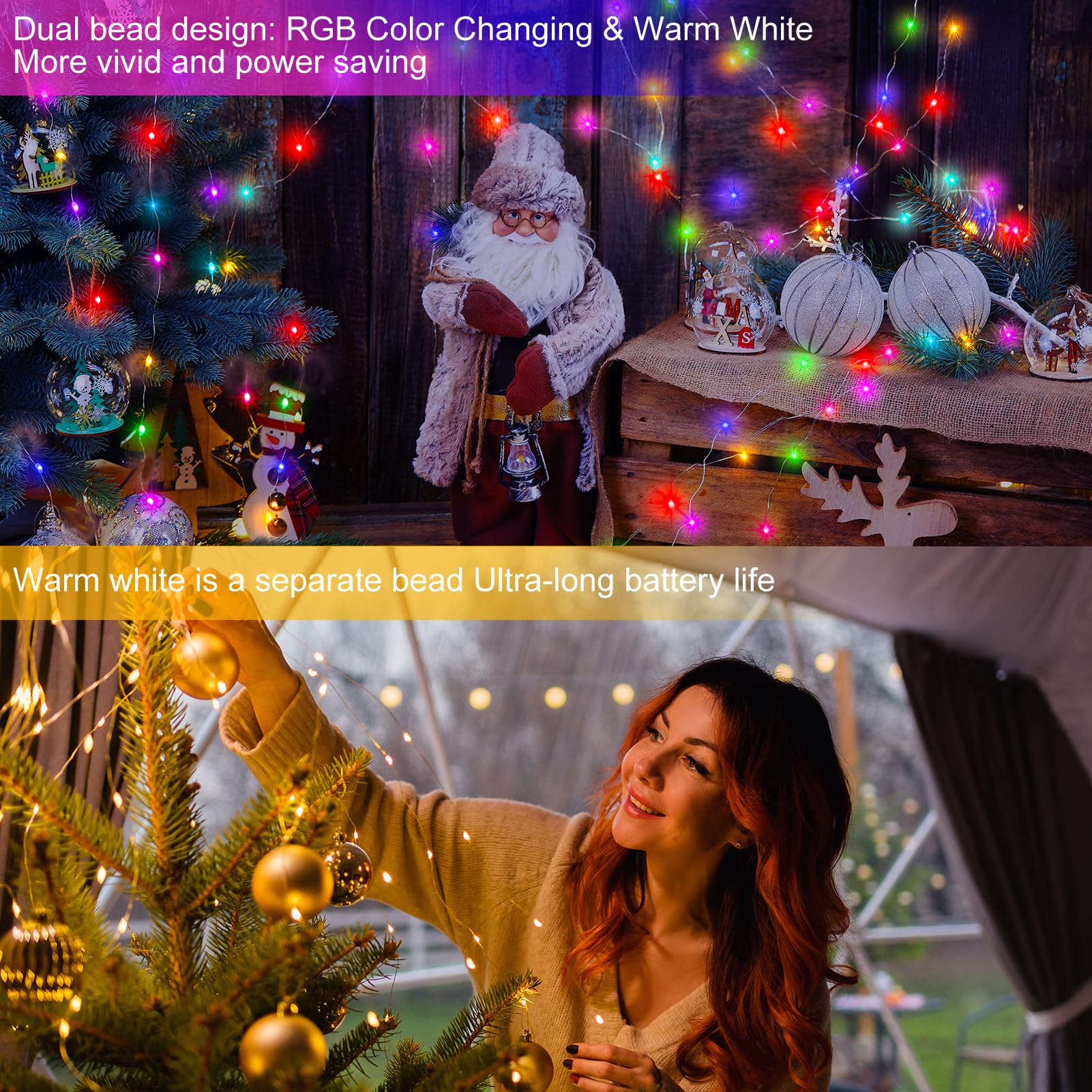 echosari Fairy Lights Battery Operated, RGB Color Changing & Warm White 33Ft 100 LED Twinkle Lights with Remote Timer 150 Scene
