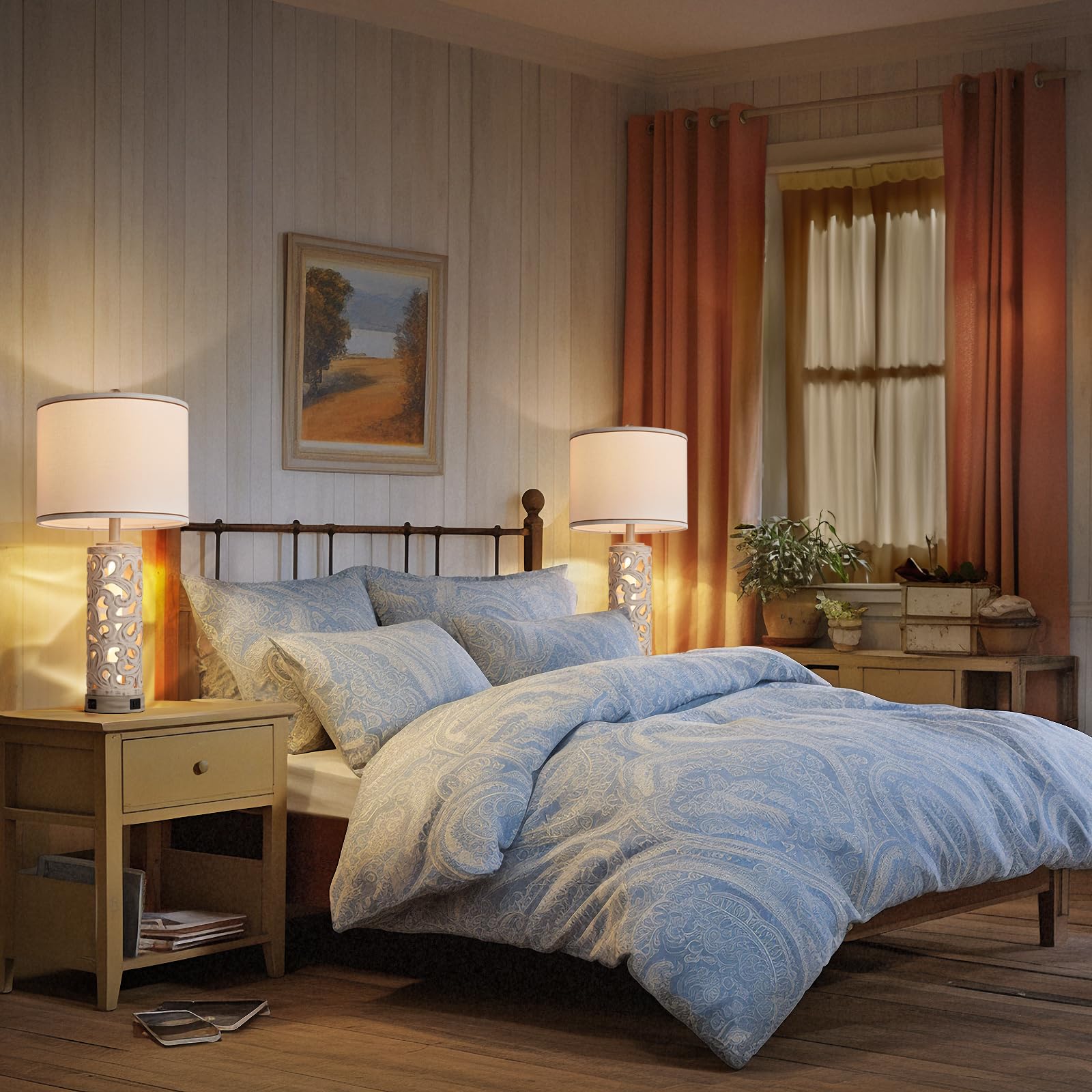 Aidenoey 28&quot; Farmhouse Table Lamps Set Of 2 With Usb Ports & Night Light, White Ceramic