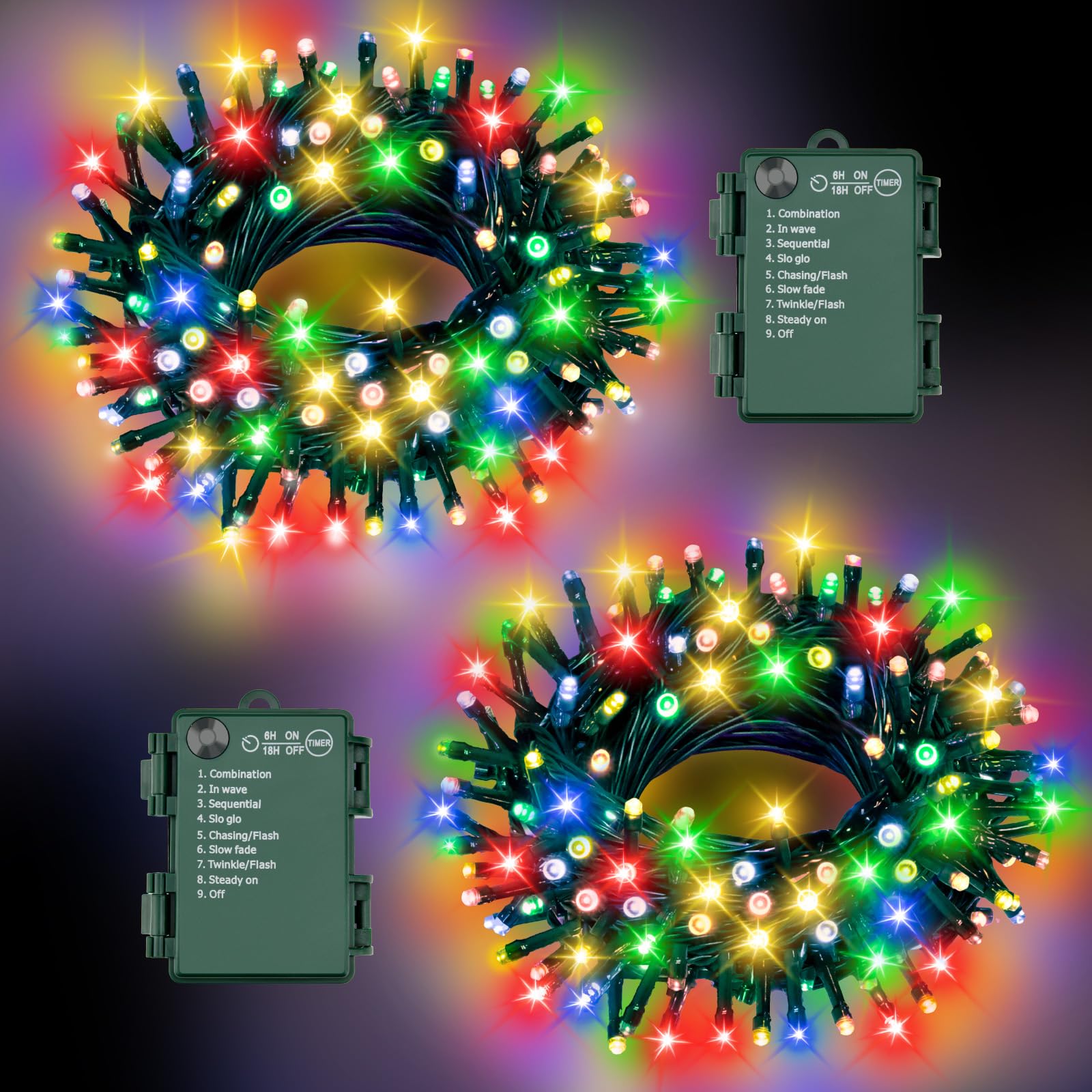 FFZZKJ Christmas Lights Outdoor Battery Operated String Lights Total 100LED 33Ft with Timer 8 Modes 16.4Ft*2 Waterproof Outdoor Indoor for Christmas Decor  Multicolor  2-Pack