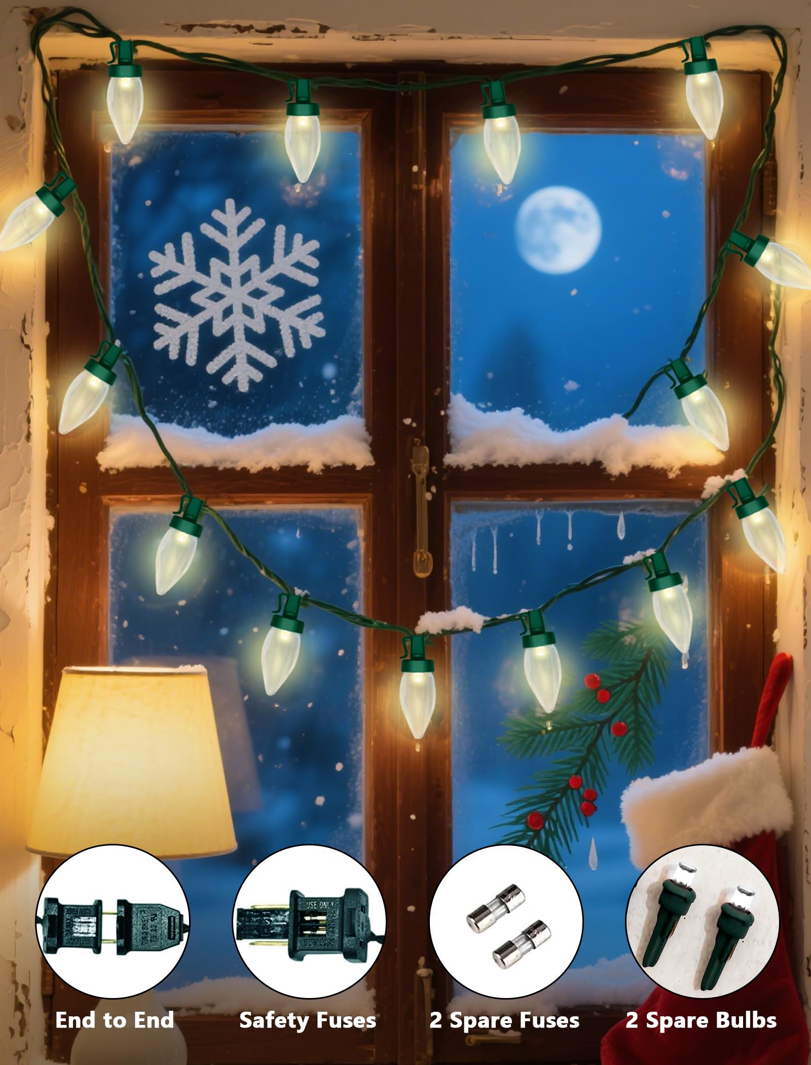 C7 Led Christmas Lights Outdoor  26Ft Outdoor String Lights Plug In With 50 C7 Warm White Bulbs  Vintage Christmas Lights Waterproof For Indoor Holiday Patio Roofline Xmas Tree Party Decorations