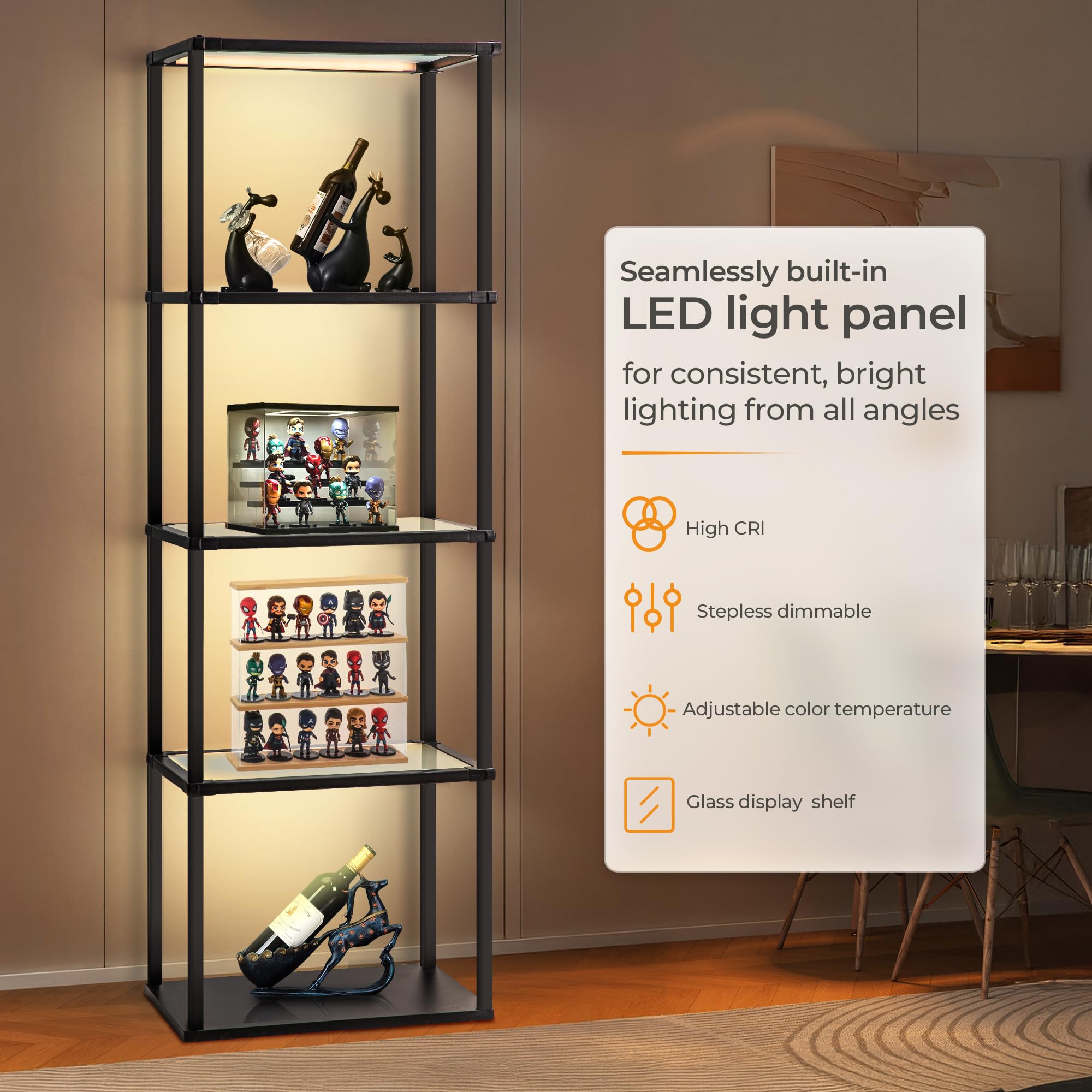Tall Display Shelf Floor Lamp, Dimmable Led Lamp With 3 Color Temperatures, Sturdy Glass Curio Cabinet Bookcase With Remote Cont