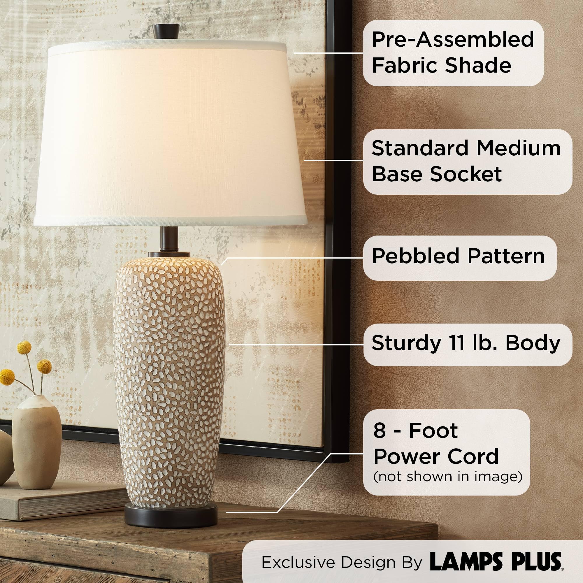 360 Lighting Modern Coastal Table Lamps Set of 2, 27.25" Tall, Beige Pebbled Fabric with White Shade for Living Room, Bedroom, Office