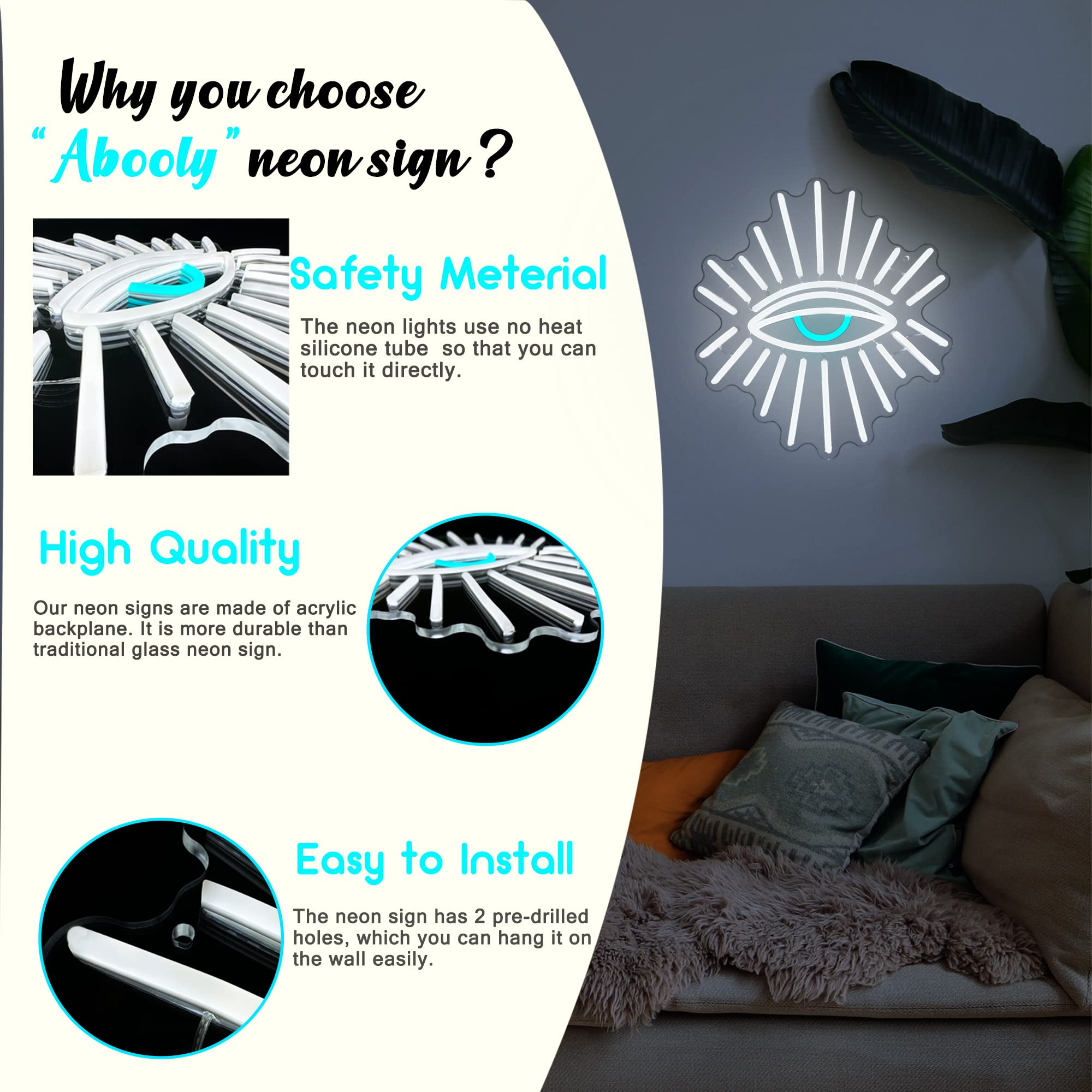 Abooly Neon Wall Sign, Dimming LED White Eyes, Acrylic, 13L x 11.8W, Eye Model, Perfect for Game Room, Bedroom, Party Decor