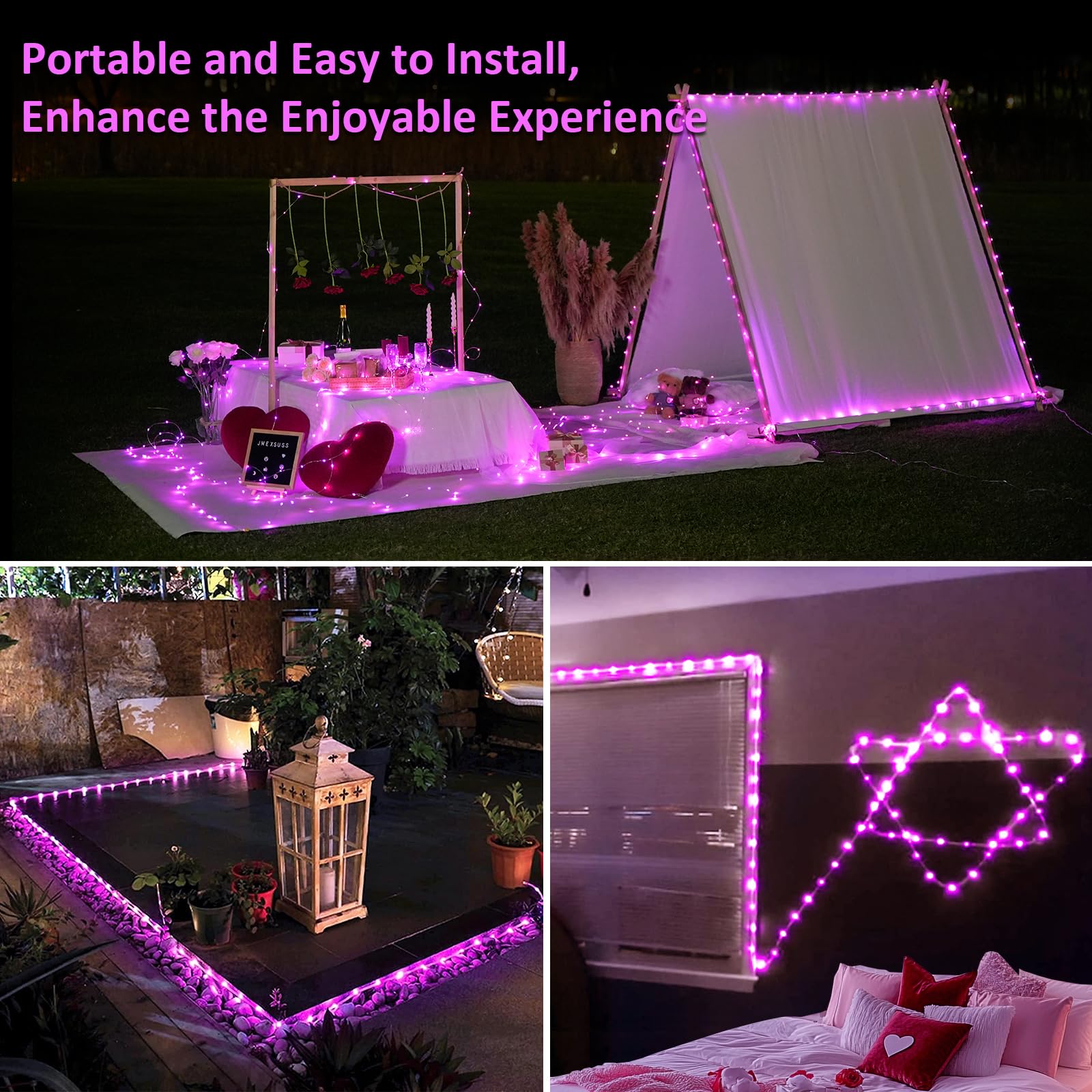 JMEXSUSS Rope Lights 33ft 100 LED Pink Battery Operated Waterproof String Lights 2 Pack, Model Rope100B