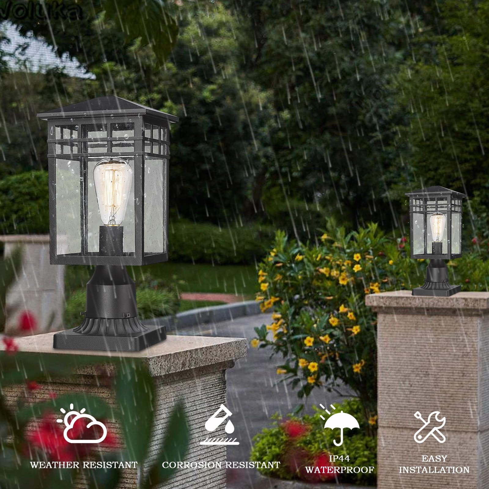 Diyel Outdoor Post Light Fixture, Modern Exterior Pillar Lantern With Black Finish & Seeded Glass, Pole Light For Garden, Backyard, Courtyard, Patio, Porch, Rz009-P Bk