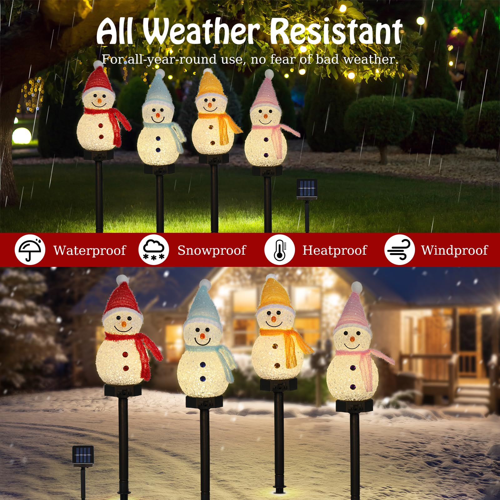 Lewondr Snowman Christmas Decorations Lights, 4Pcs Solar Lighted Snowman With Garden Stakes, Waterproof Garden Lawn Pathway With