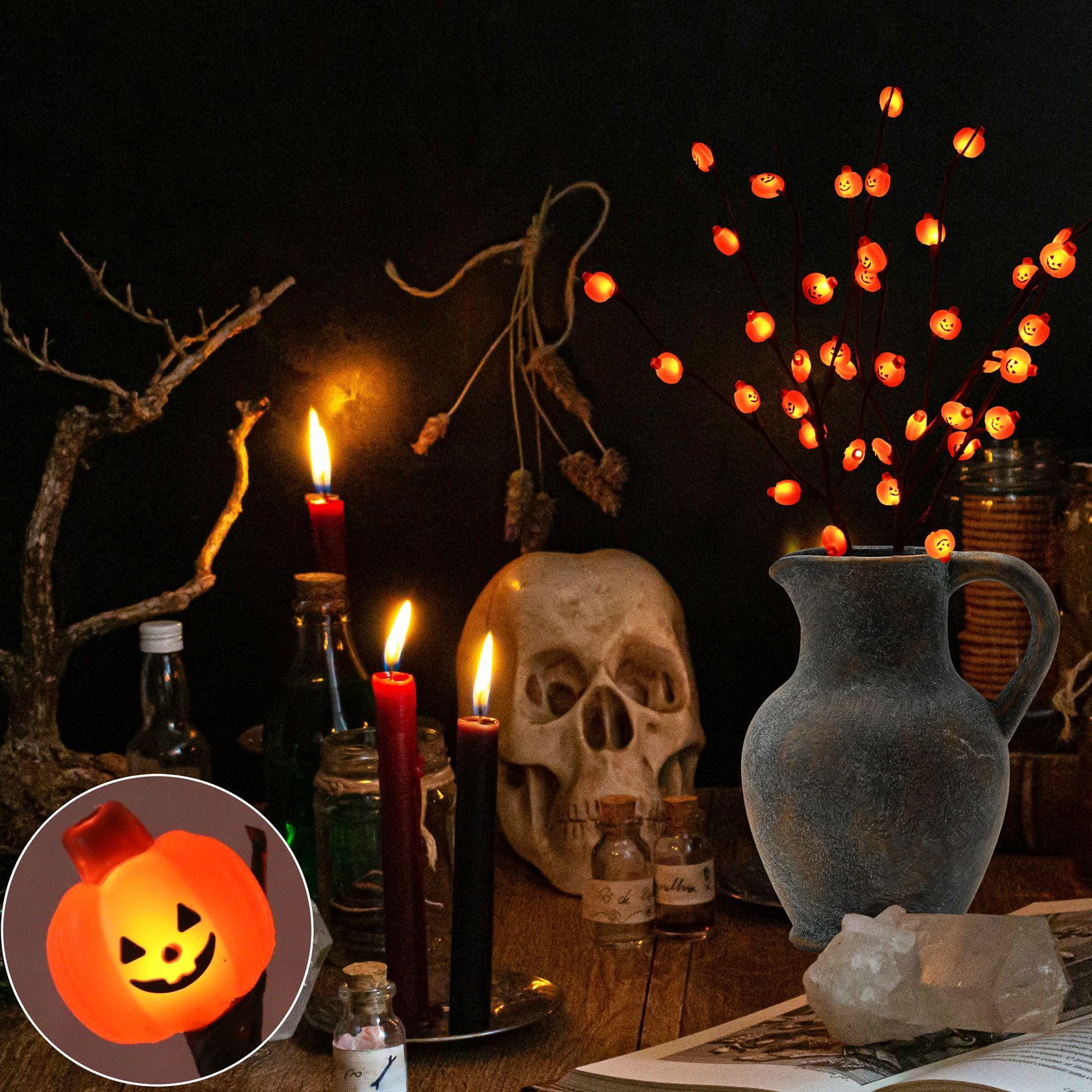 Halloween Lighted Tree Branches Decoration, Indoor Outdoor 2PCS Artificial Lit Twig Branch with Pumpkins Orange Fairy Lights, Ba