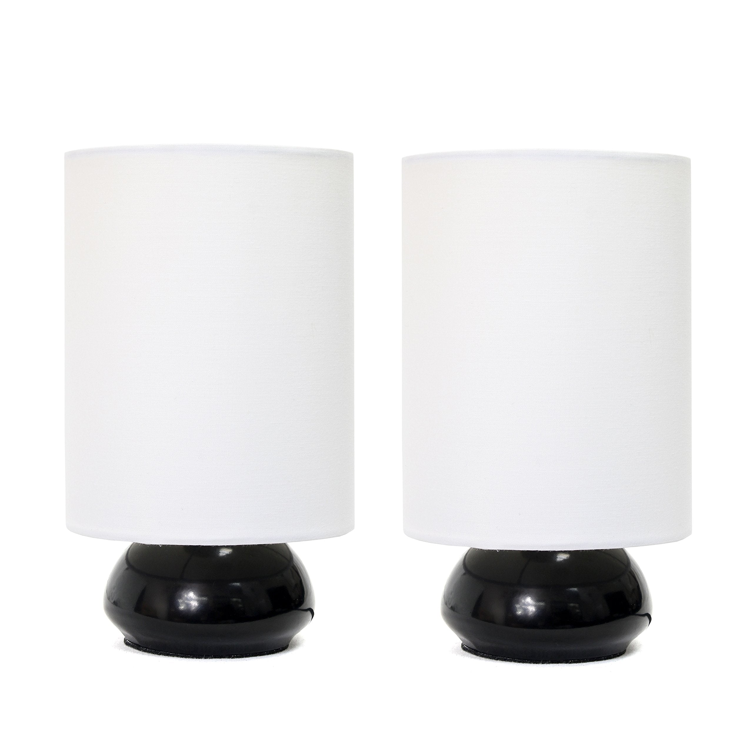 Simple Designs Lt2043-Blk-2Pk 9" Gemini 2 Pk Contemporary 4 Settings Touch Metal Mini Round Table Lamp Set W Fabric Shades For Décor,Nightstand,End Table,Bedroom,Living Room,Office,Foyer, Blk & Wht