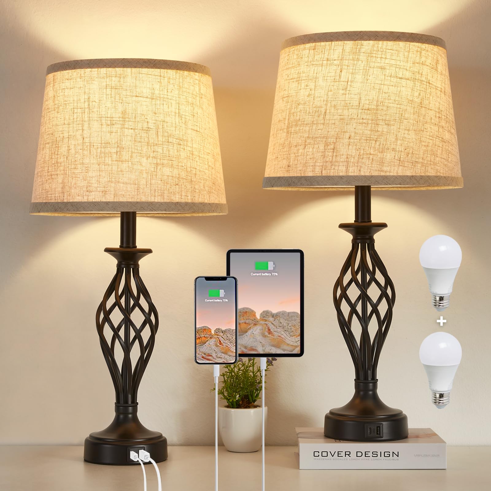 Table Lamp for Bedroom Set of 2 with USB C+A Ports, Modern Bedside Lamps with Spiral Cage Base, Fabric Shade, Nightstand Lamp fo
