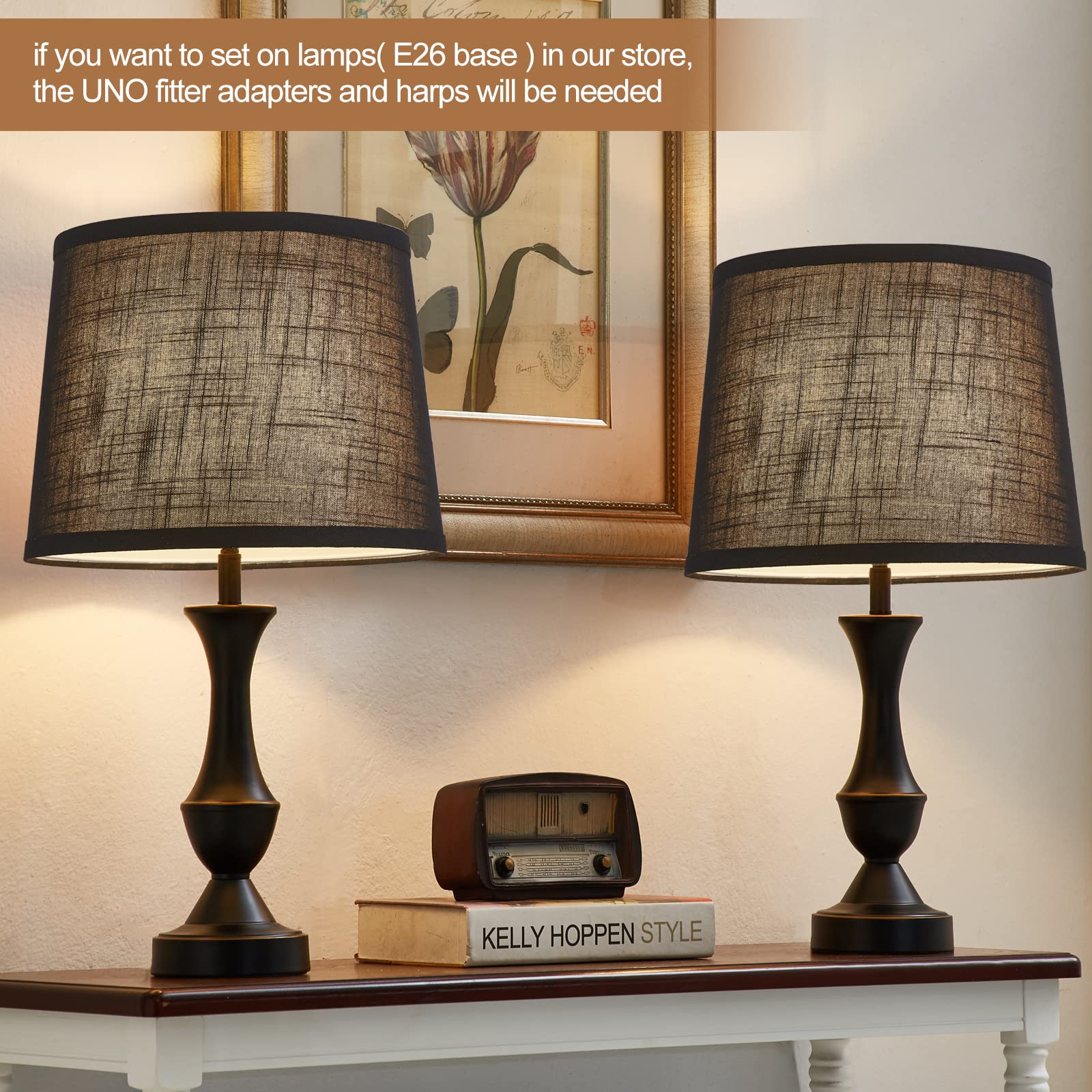 Luvkczc Black Fabric Drum Lampshades Set Of 2, 13 Top X 11 Bottom X 10 High, Includes Harp Holder, Model L-31005