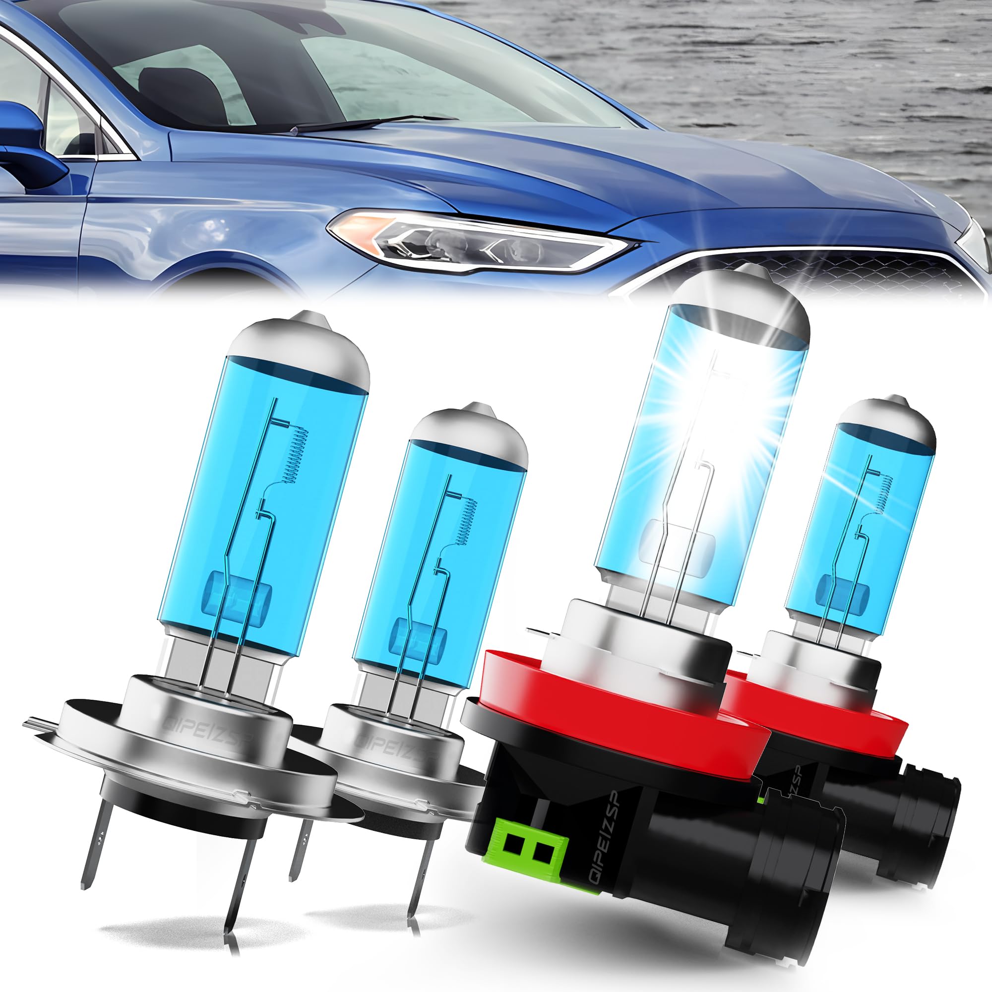 QIPEIZSP compatible with Ford Fusion 2006-2018 Halogen Headlight Bulbs,H7 High Beam + H11/H8/H9 Low Beam,Pack of 4