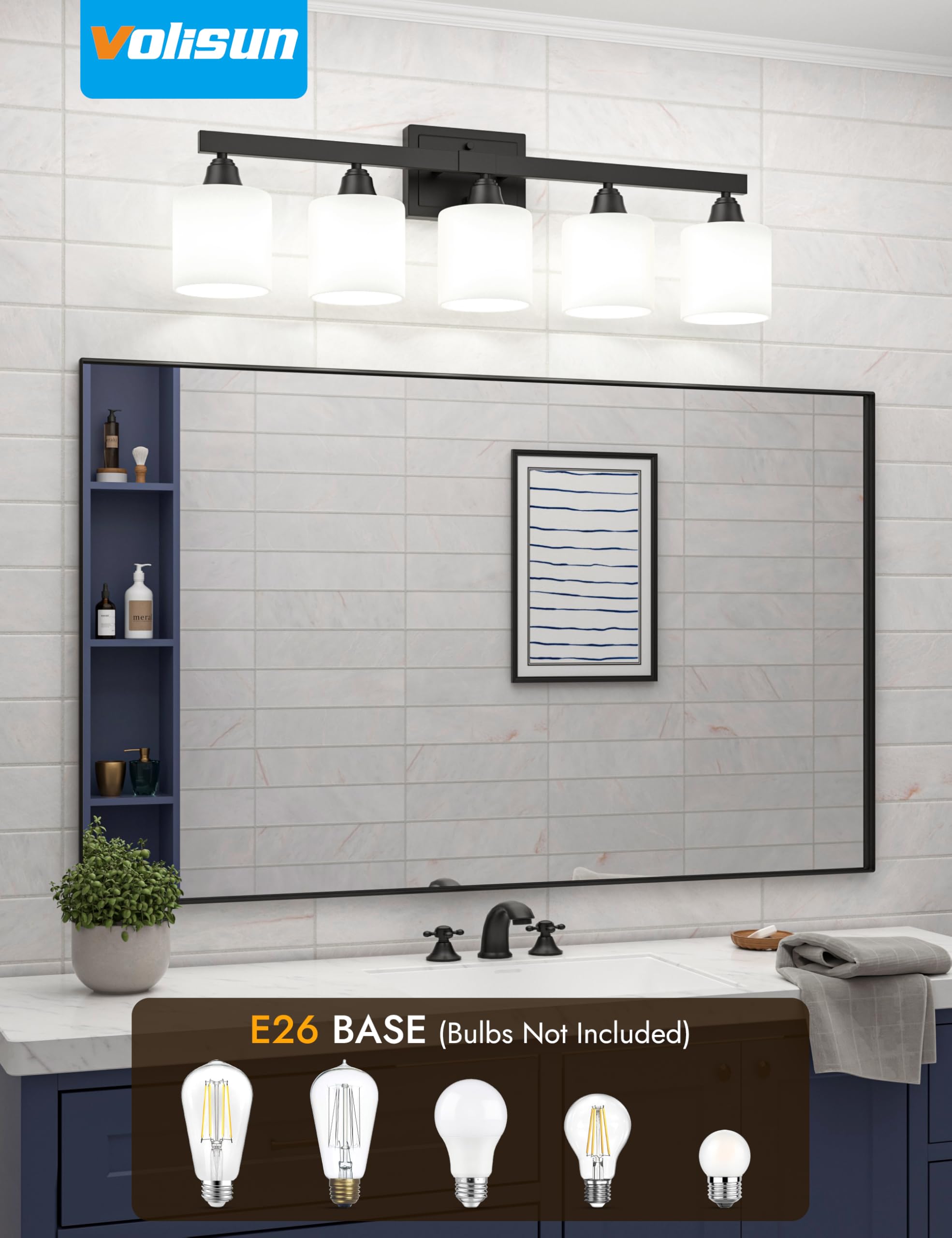 VOLISUN 5-Light Bathroom Vanity Light Fixture, Matte Black Metal with Frosted Glass Shades, Model SW016W