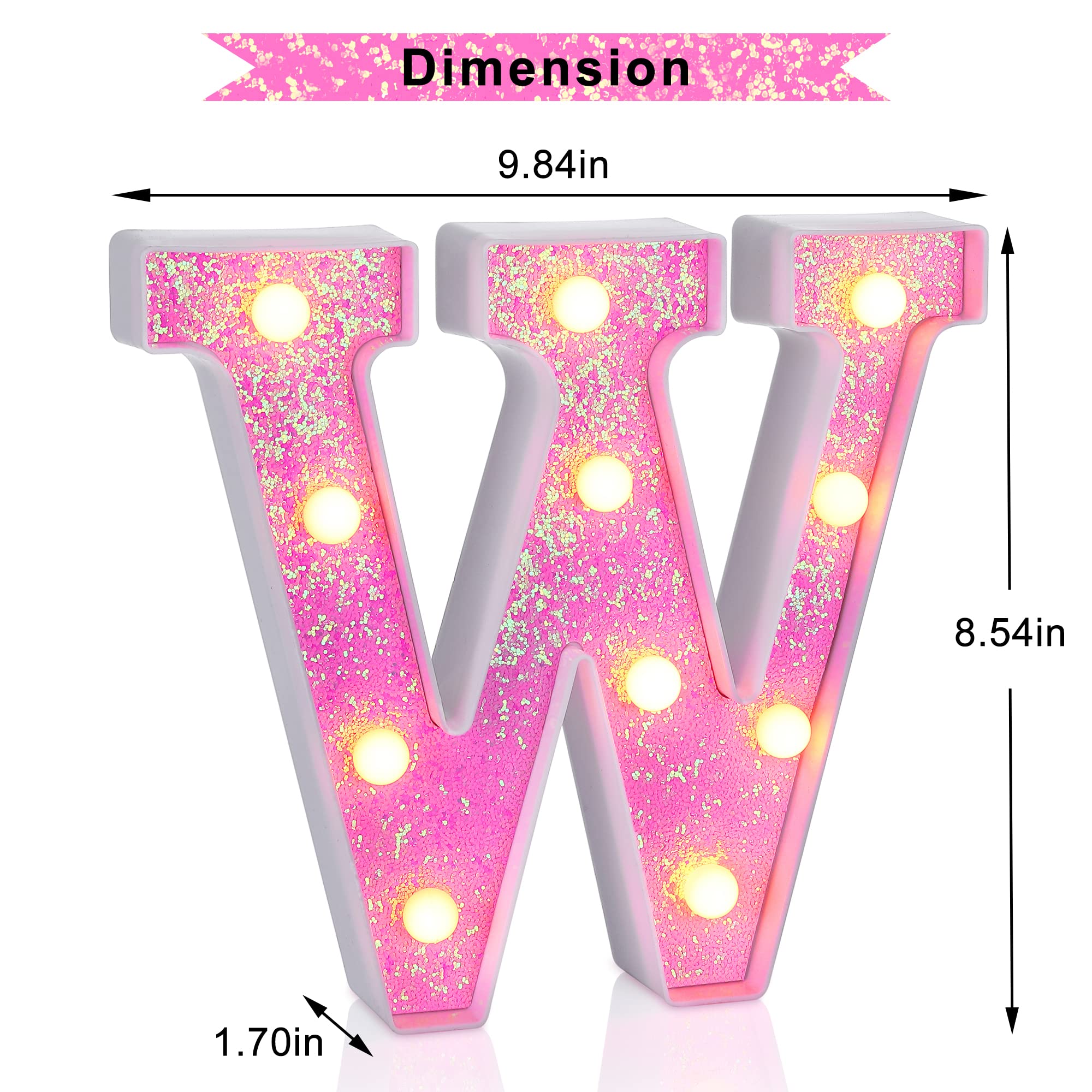 Foaky Led Letter Lights Sign Light Up Pink Letters Glitter Alphabet Letter Sign For Night Light Wedding/Birthday Party Battery Powered Christmas Lamp Girls Gifts Home Bar Decoration(W)