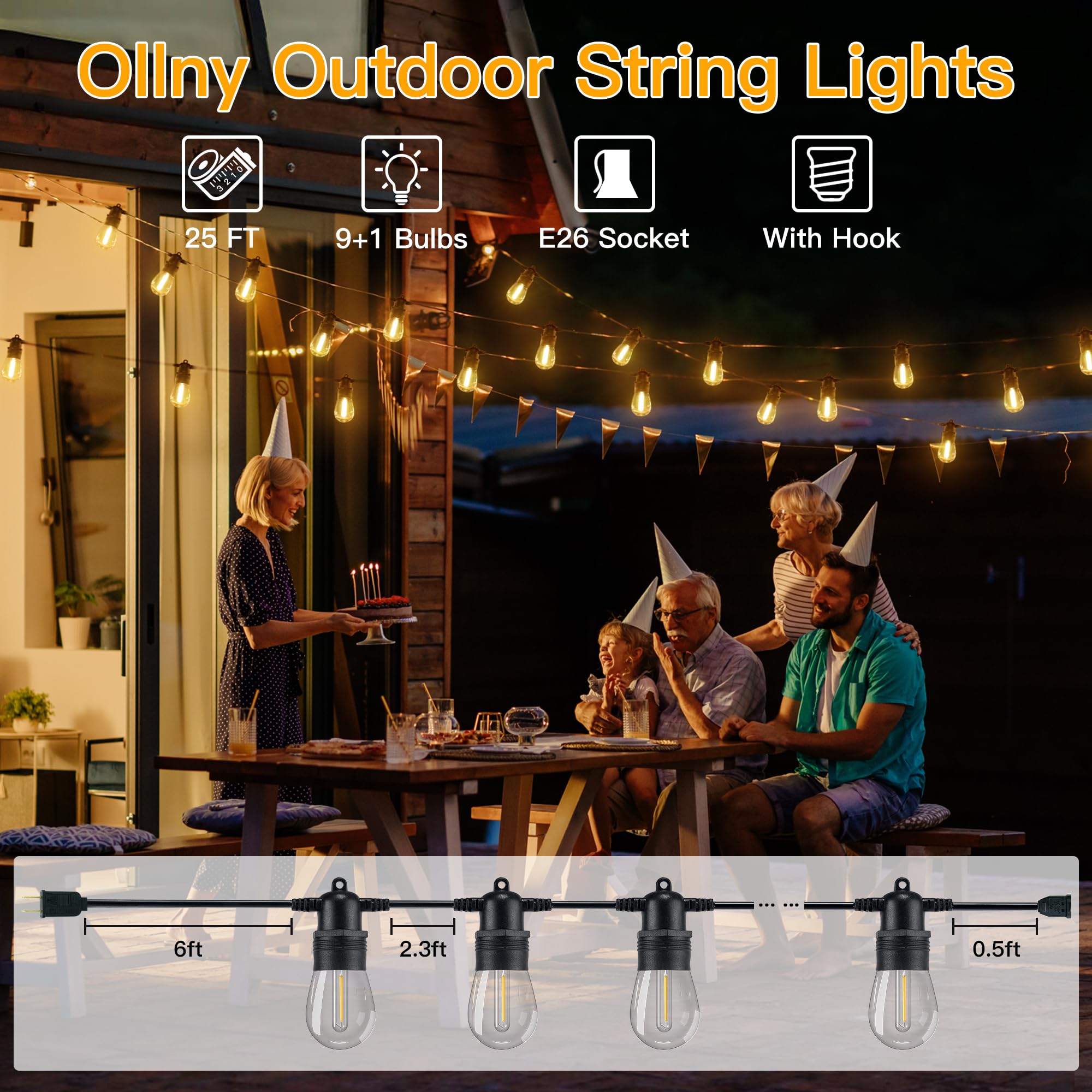 Ollny Outdoor String Lights, Waterproof Patio Lights, 25FT, Warm White, 9+1 Shatterproof S14 Bulbs, Model ASS14-02509-C