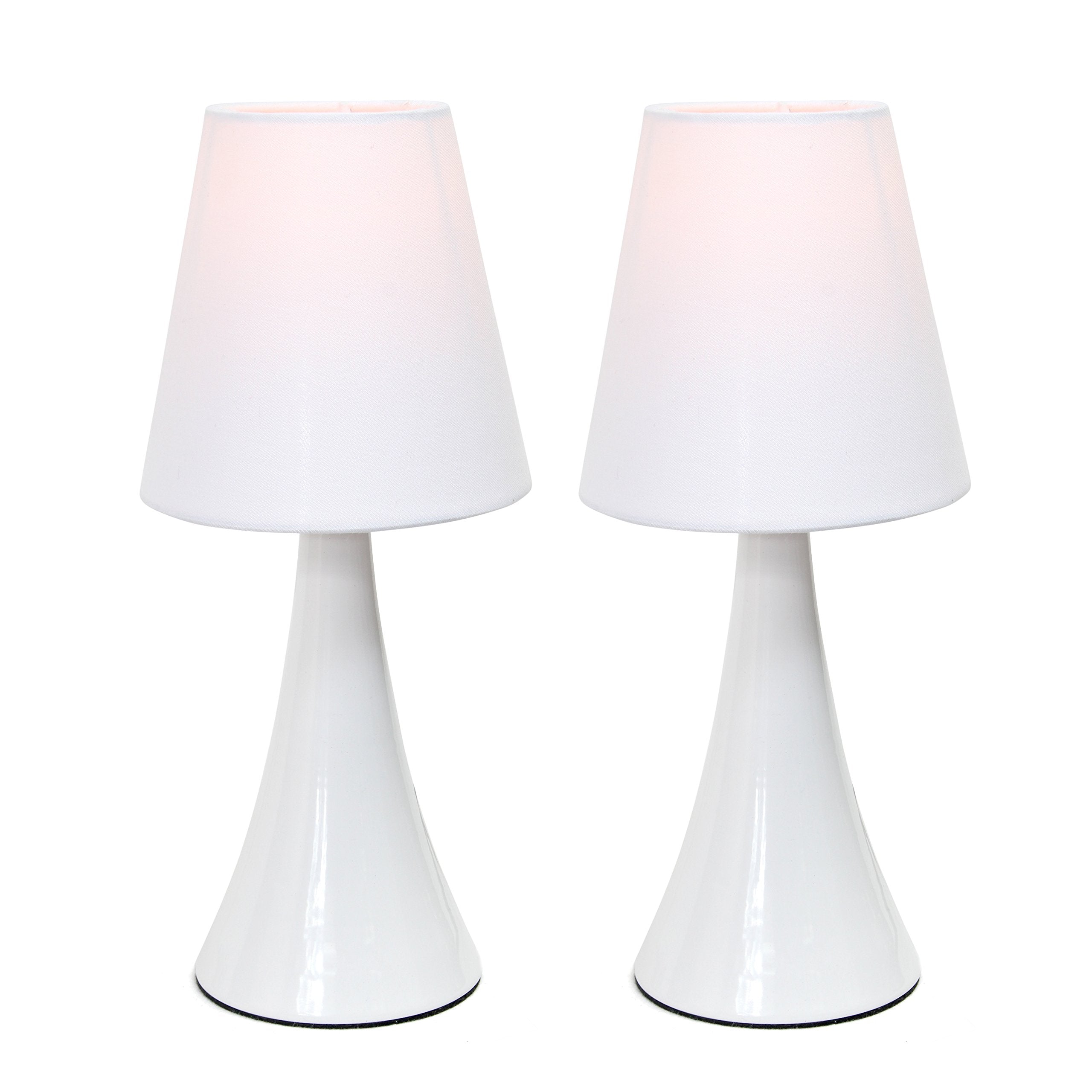 Simple Designs Lt2042-Wht-2Pk 12" Valencia 2 Pk Contemporary 4 Settings Touch Metal Mini Tapered Table Lamp Set With Fabric Shades For Nightstand, End Table, Bedroom, Office, White