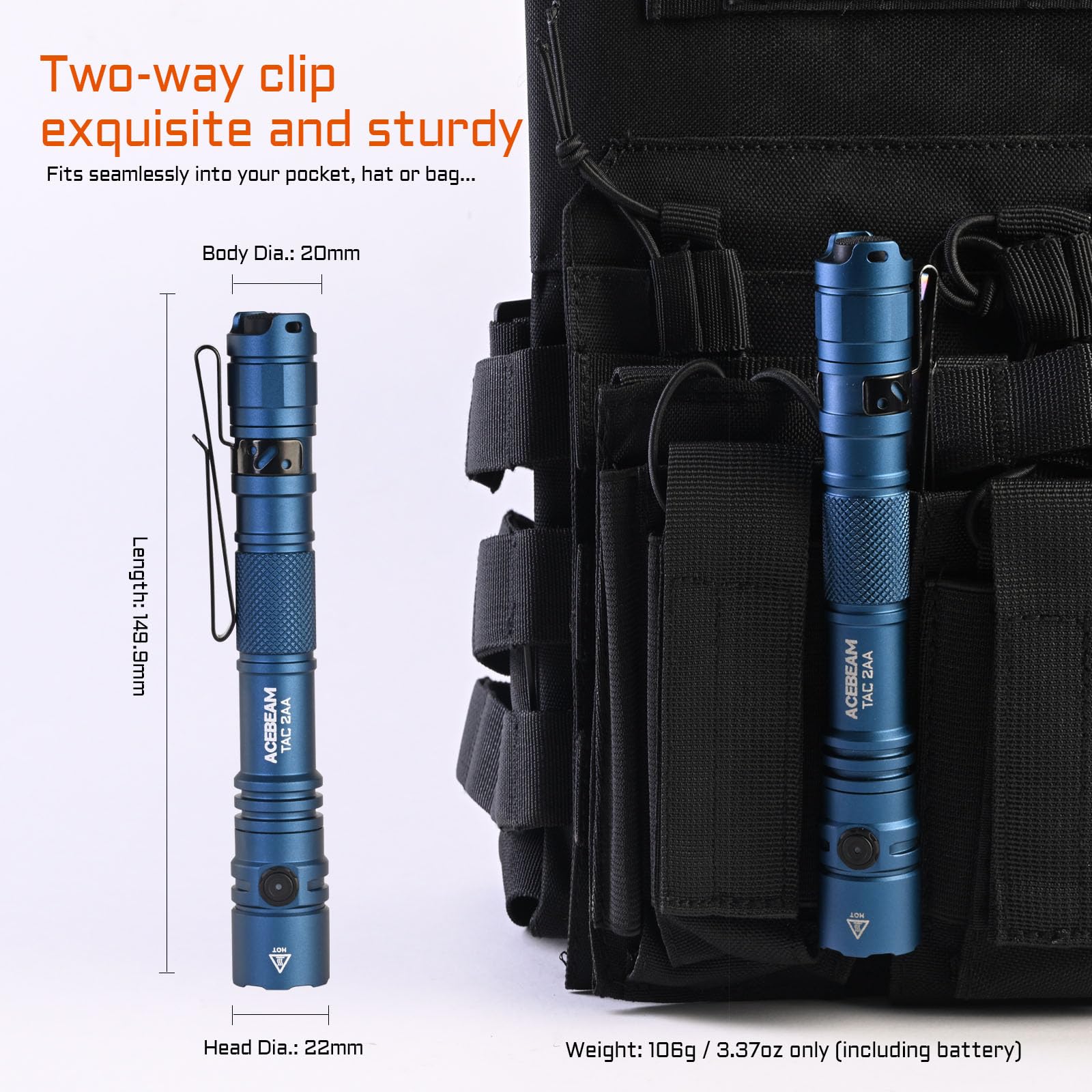 Acebeam Tac 2Aa Edc Tactical Dual Modes Flashlight Rechargeable, 1600 High Lumens Flashlight, Dual Switch Pocket Led Flashlight,