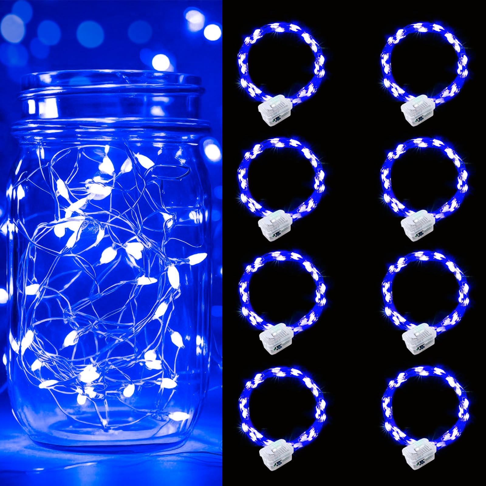 pozzolanas 8 Pack Blue Battery Operated String Lights - 7ft Waterproof Fairy Lights with 20 LEDs for Home  Mason Jar  Party  Wedding  Halloween  Christmas Decorations