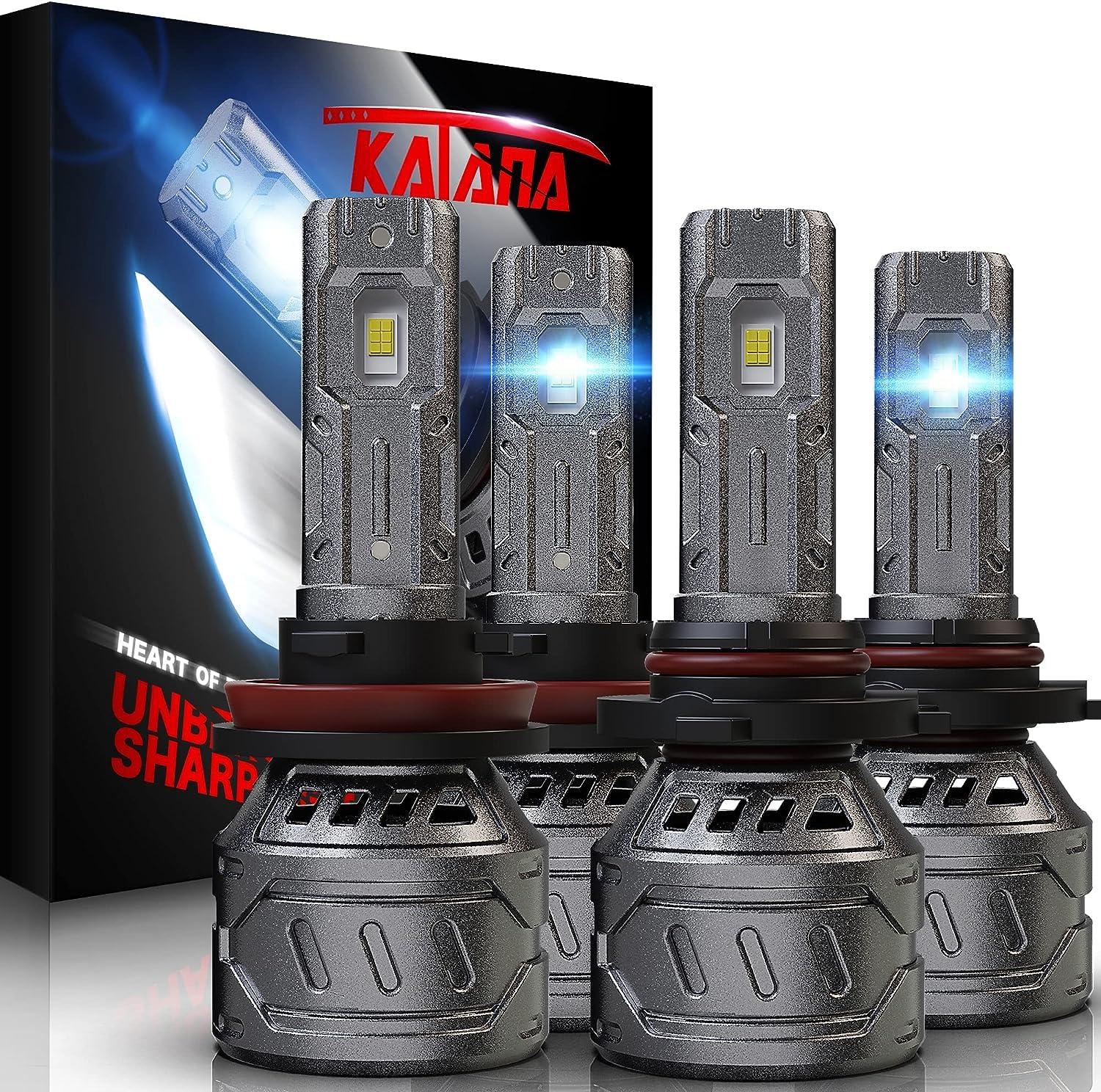 Katana 9005 H11 Bulbs Combo, 800% Brightness, 6500K White, Mini Size, Pack of 4