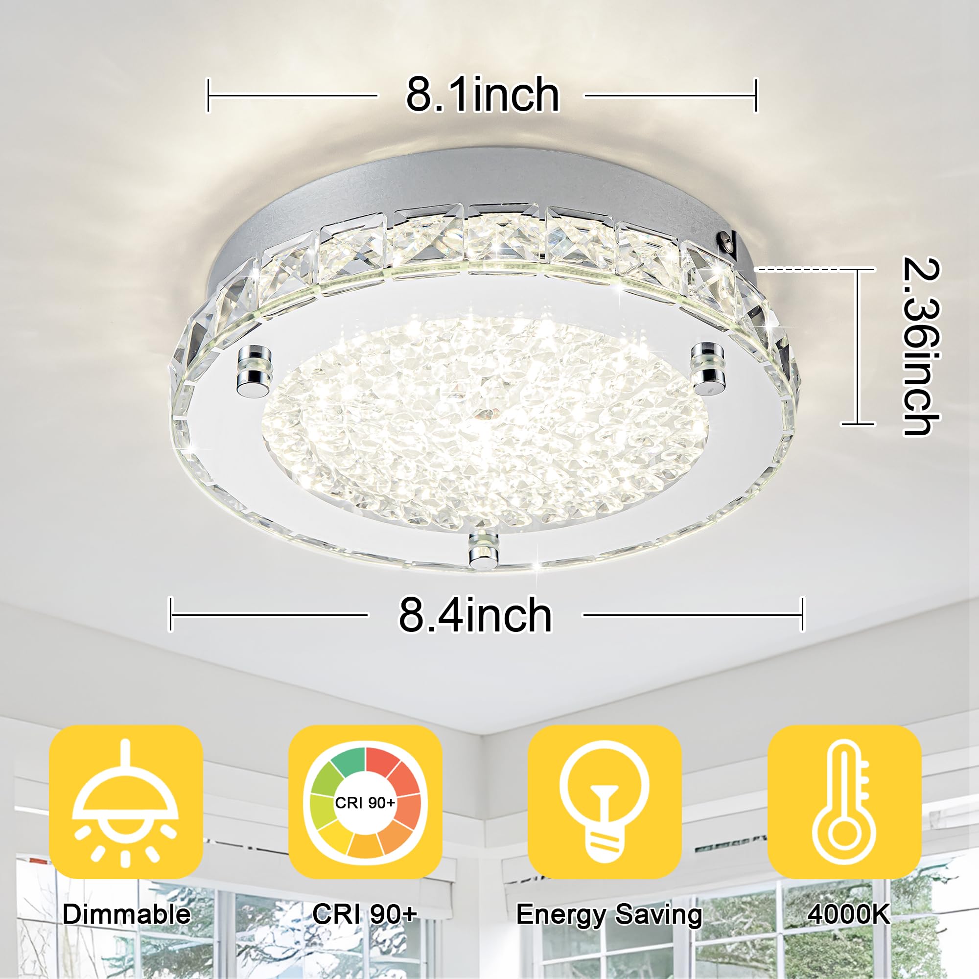 Lzawvm Crystal Ceiling Light Fixture Flush Mount Super Bright Round Ceiling Mounted Light 4000K Dimmalbe For Living Room Bathroo