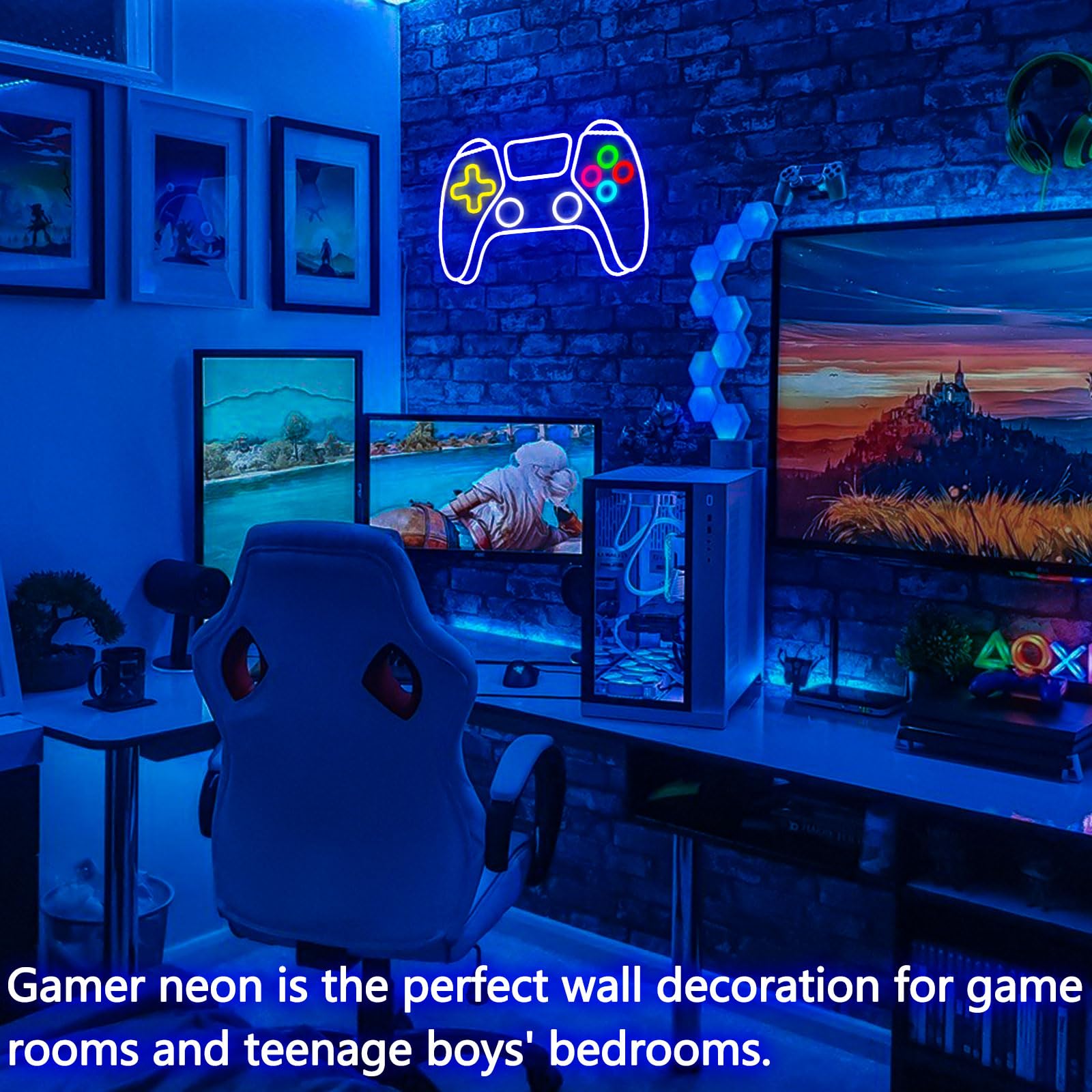 BerniceKelly Gamer Neon Sign Light, Dimmable LED Game Controller Decor, 16.5inx11.4in, Blue-Game, Model A