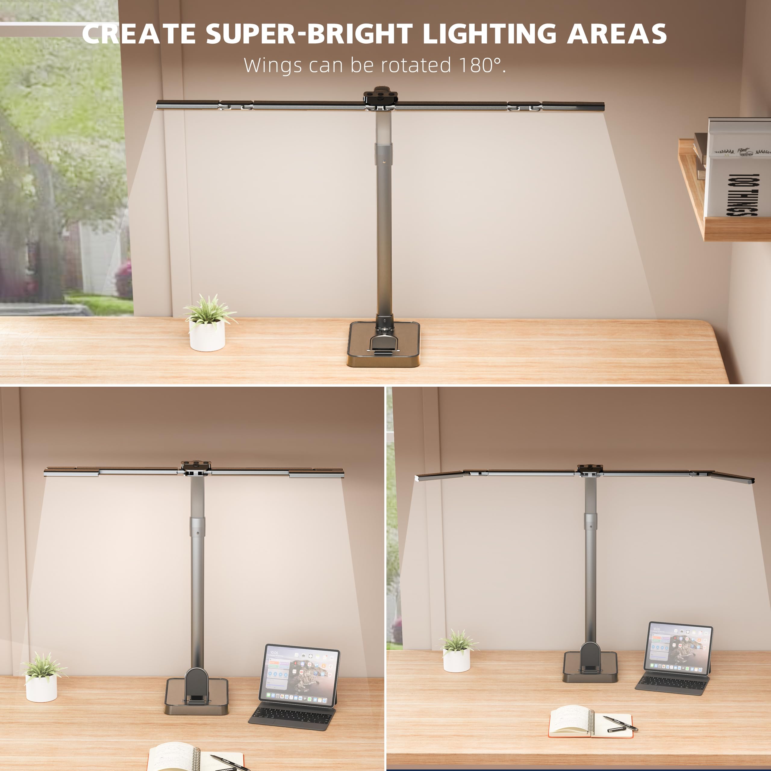 sandiea LED Desk Lamp - 24W Double Head Architect Light with Clamp, 25 Modes, Flexible Gooseneck, All Black, Model LT-TD03
