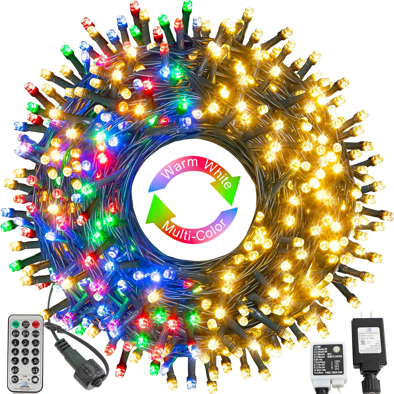 Color Changing Christmas Lights - Christmas Tree Lights - 180FT 500 LED with 11 Modes  Warm White and Multi & Color Christmas Light String  for Xmas Tree Decorations Garden Party