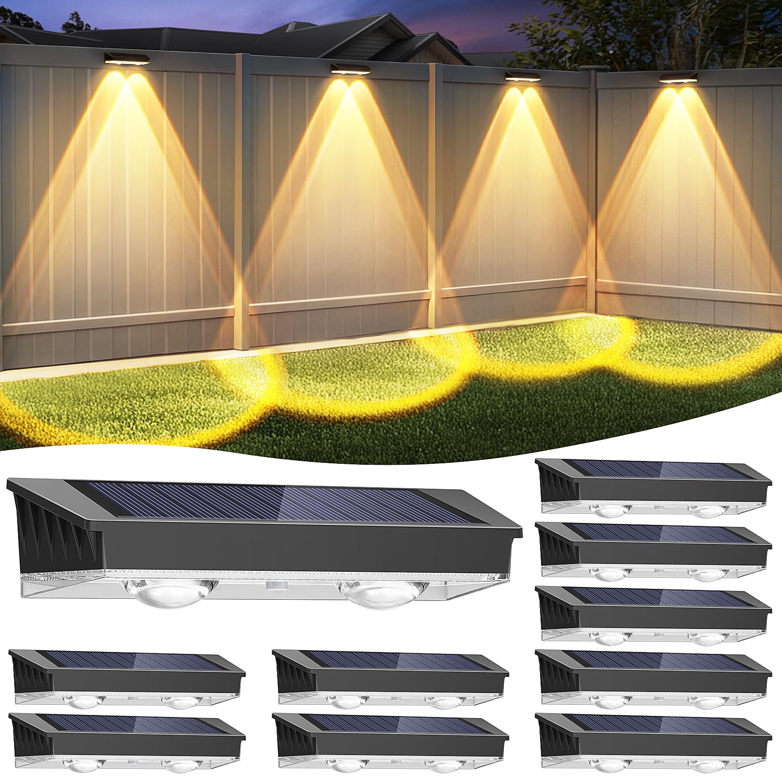 Solar Fence Lights Outdoor, 10 Pack Warm/Neutual/Cool White Fence Lights Solar Powered with 2 LED, IP65 Waterproof, Deck Lightin