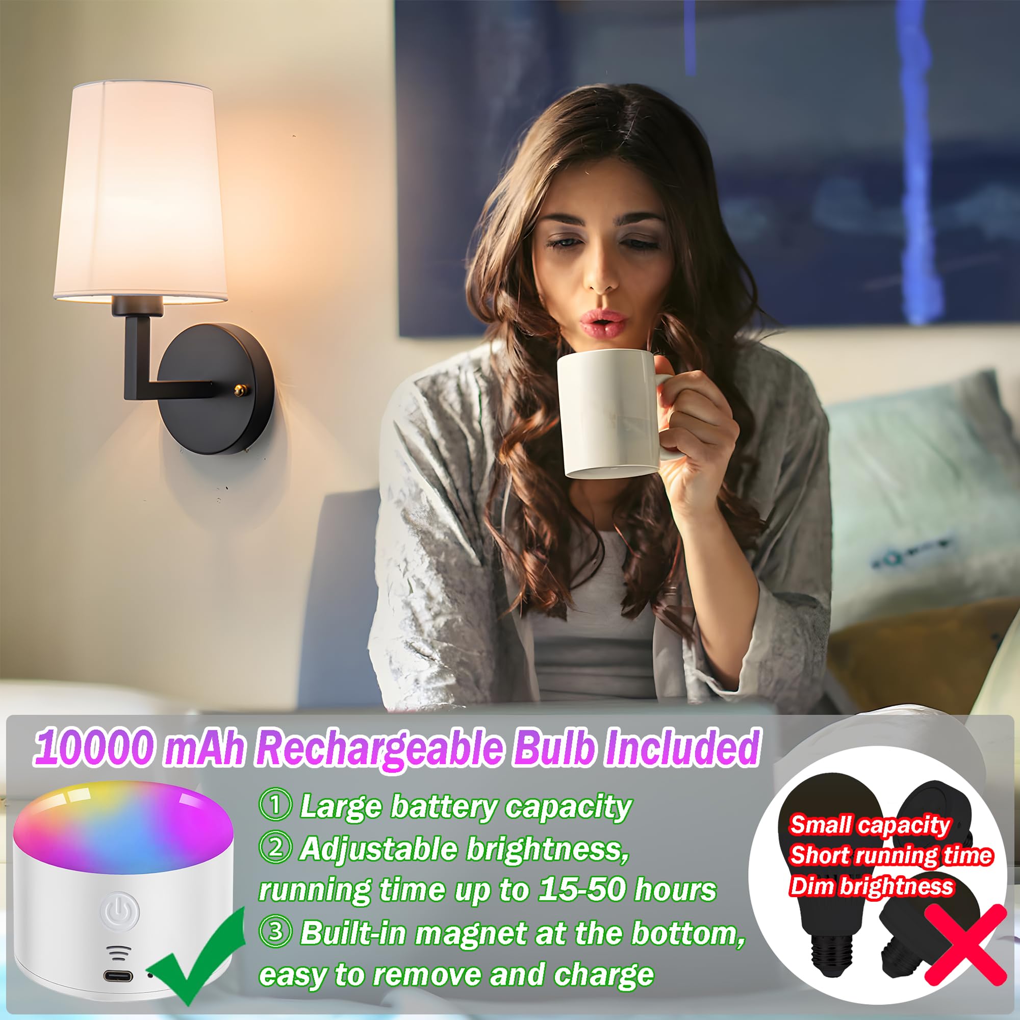 Modern Battery Operated Wall Sconces Set Of Two, Battery Operated Wall Light with Remote Control, Indoor Wireless Wall sconce Di